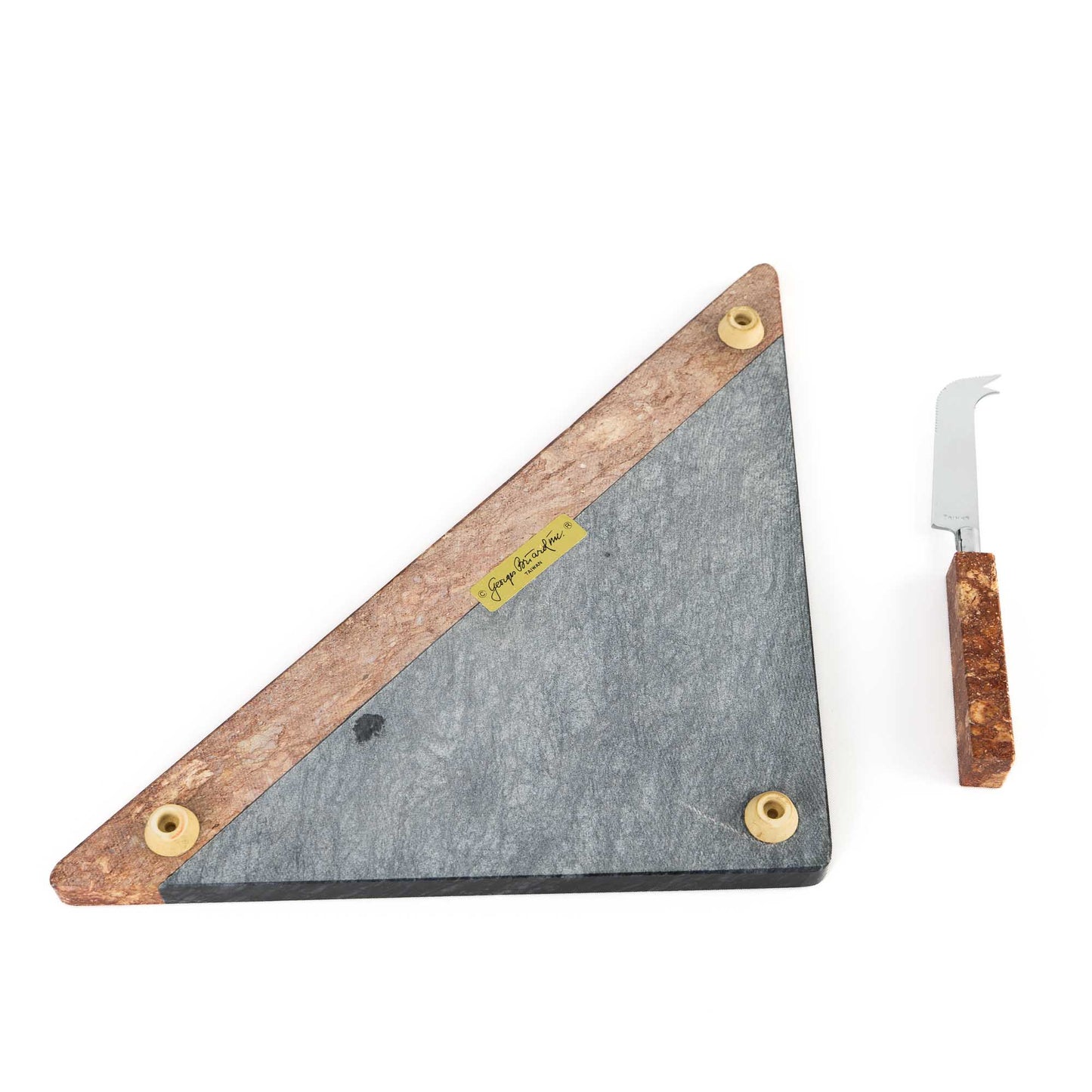 Vintage Georges Briard triangular topaz and black marble cheese board with chrome knife