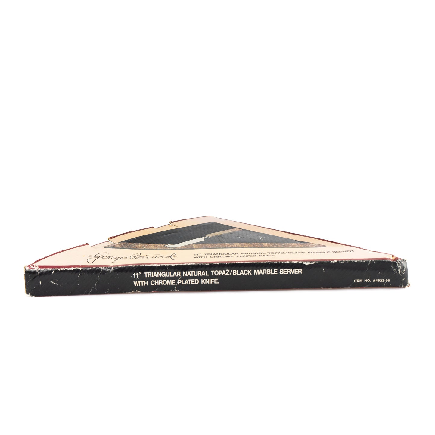 Vintage Georges Briard triangular topaz and black marble cheese board with chrome knife, new in original box