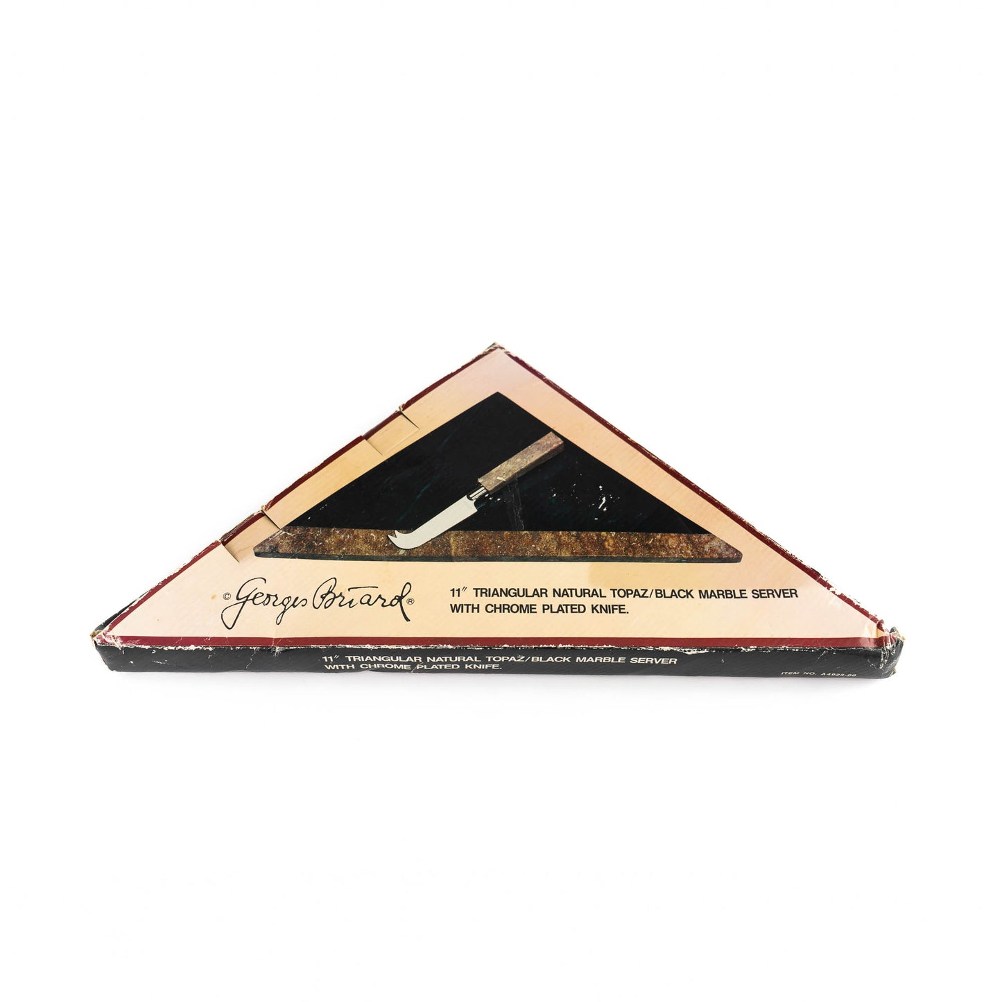 Vintage Georges Briard triangular topaz and black marble cheese board with chrome knife, new in original box