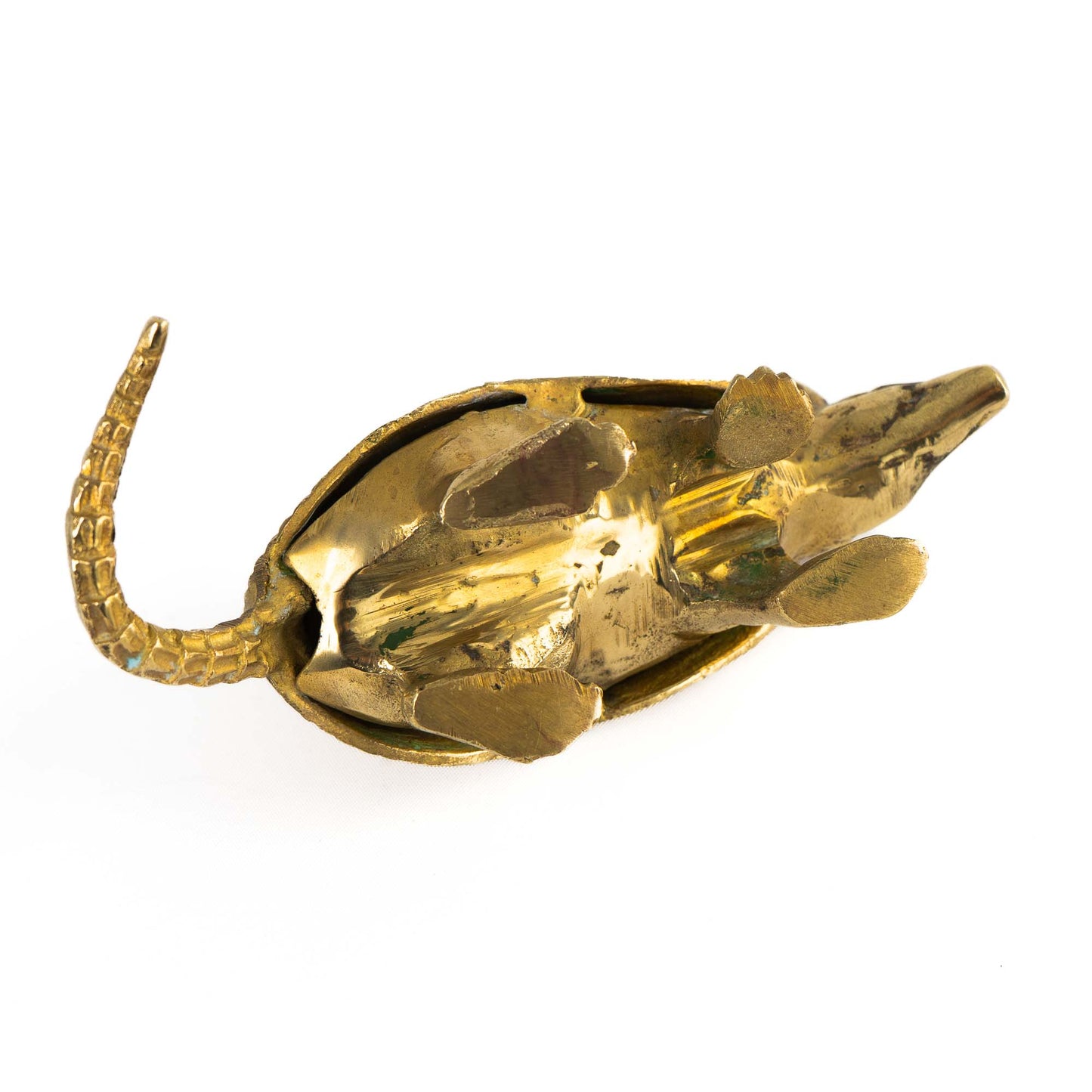 Vintage solid cast brass armadillo figurine with detailed segmented shell, circa 1970s–1980s - view from bottom showing feet 