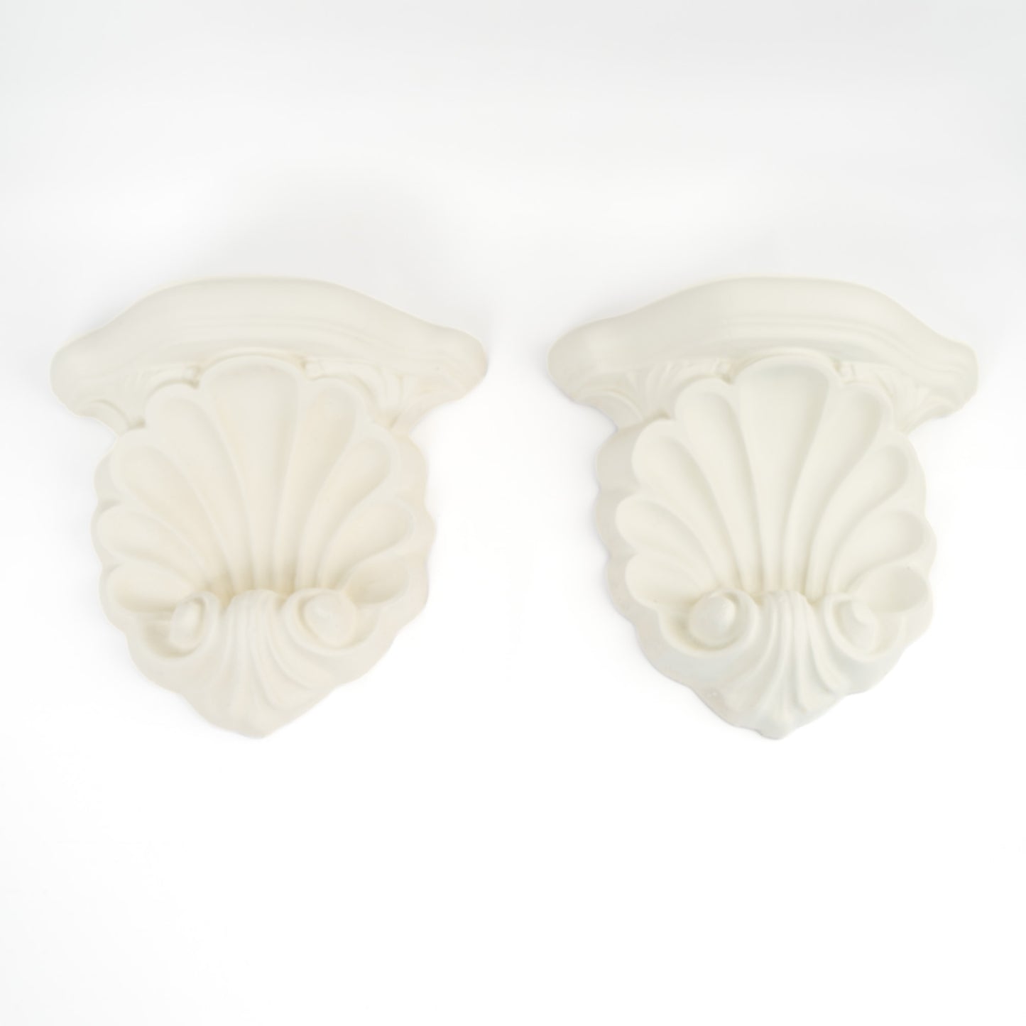 Pair of vintage white plaster shell scroll corbel wall shelves 