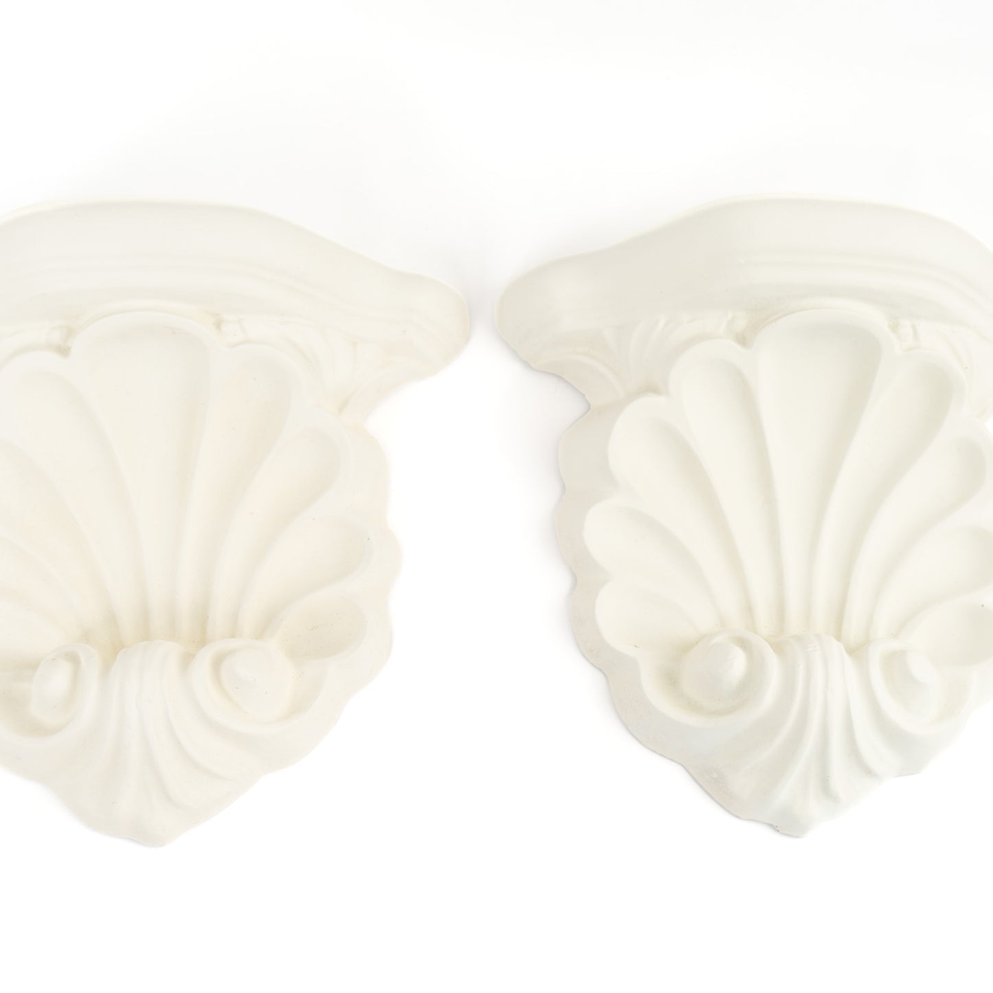 Pair of vintage white plaster shell scroll corbel wall shelves
