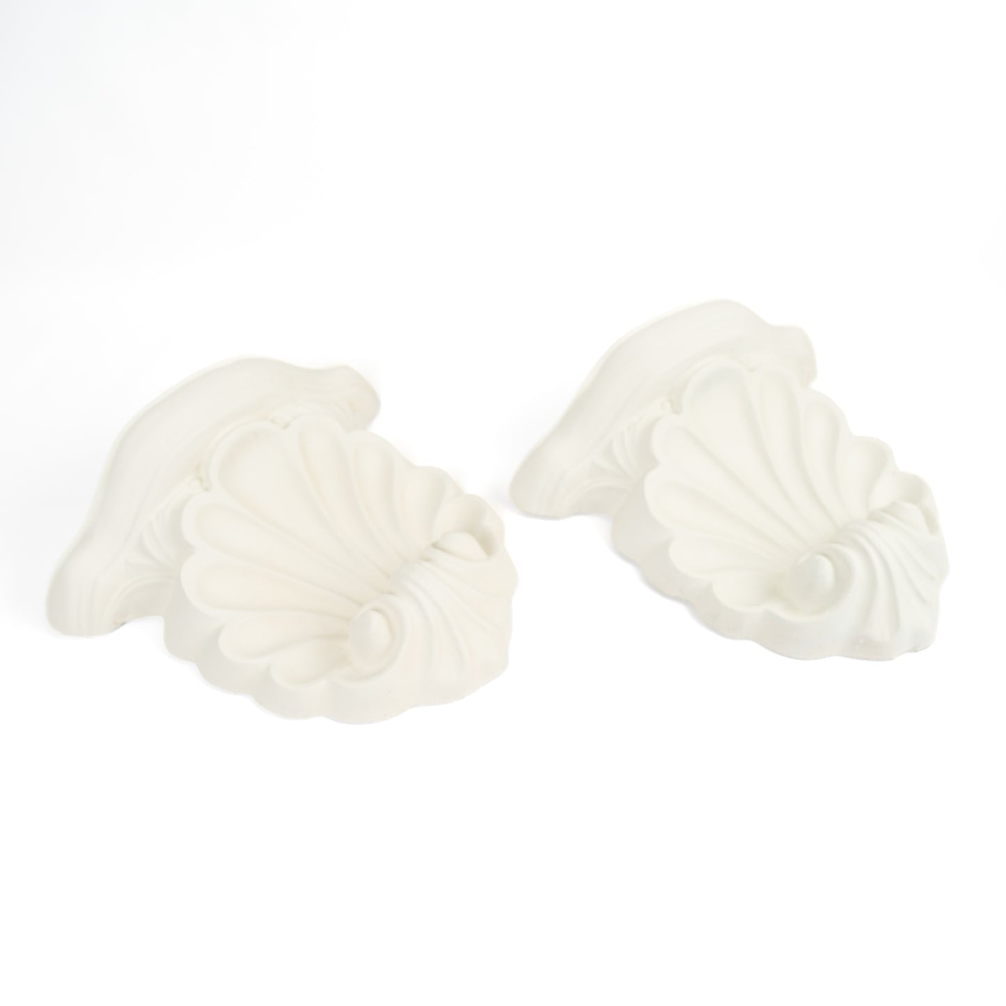 Pair of vintage white plaster shell scroll corbel wall shelves 