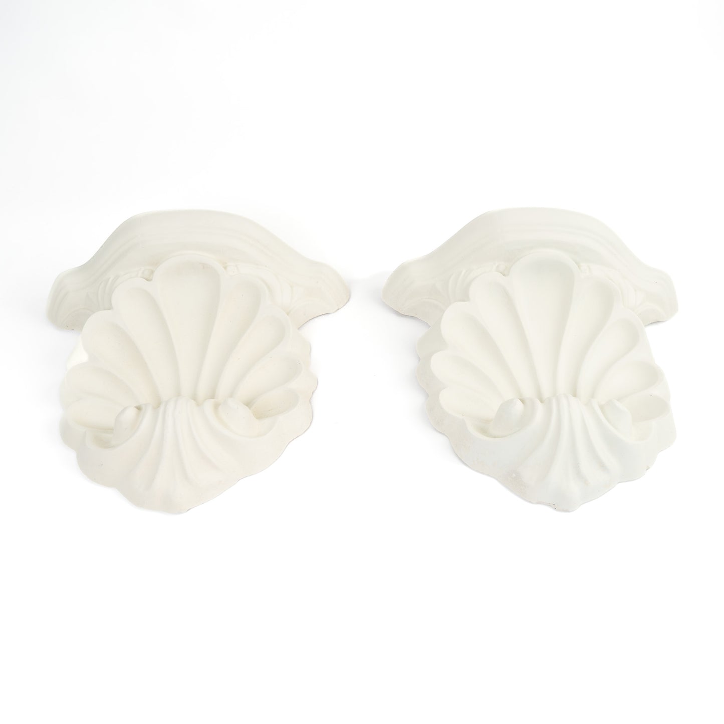 Pair of vintage white plaster shell scroll corbel wall shelves 
