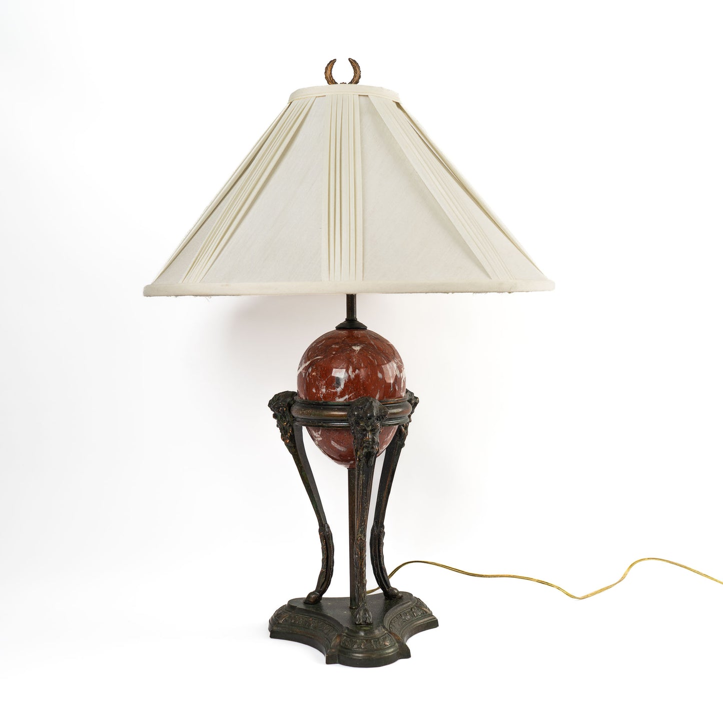 Vintage neoclassical athénienne table lamp with red Italian marble egg orb on dark bronze tripod base and ivory pleated shade