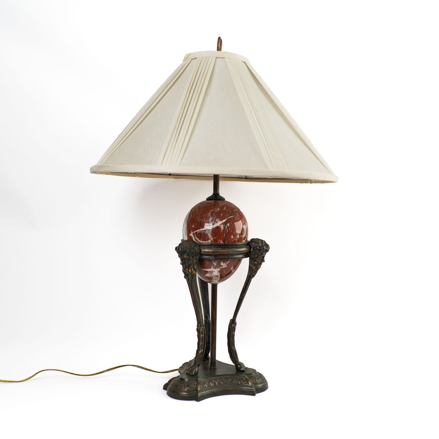 Vintage neoclassical athénienne table lamp with red Italian marble egg orb on dark bronze tripod base and ivory pleated shade