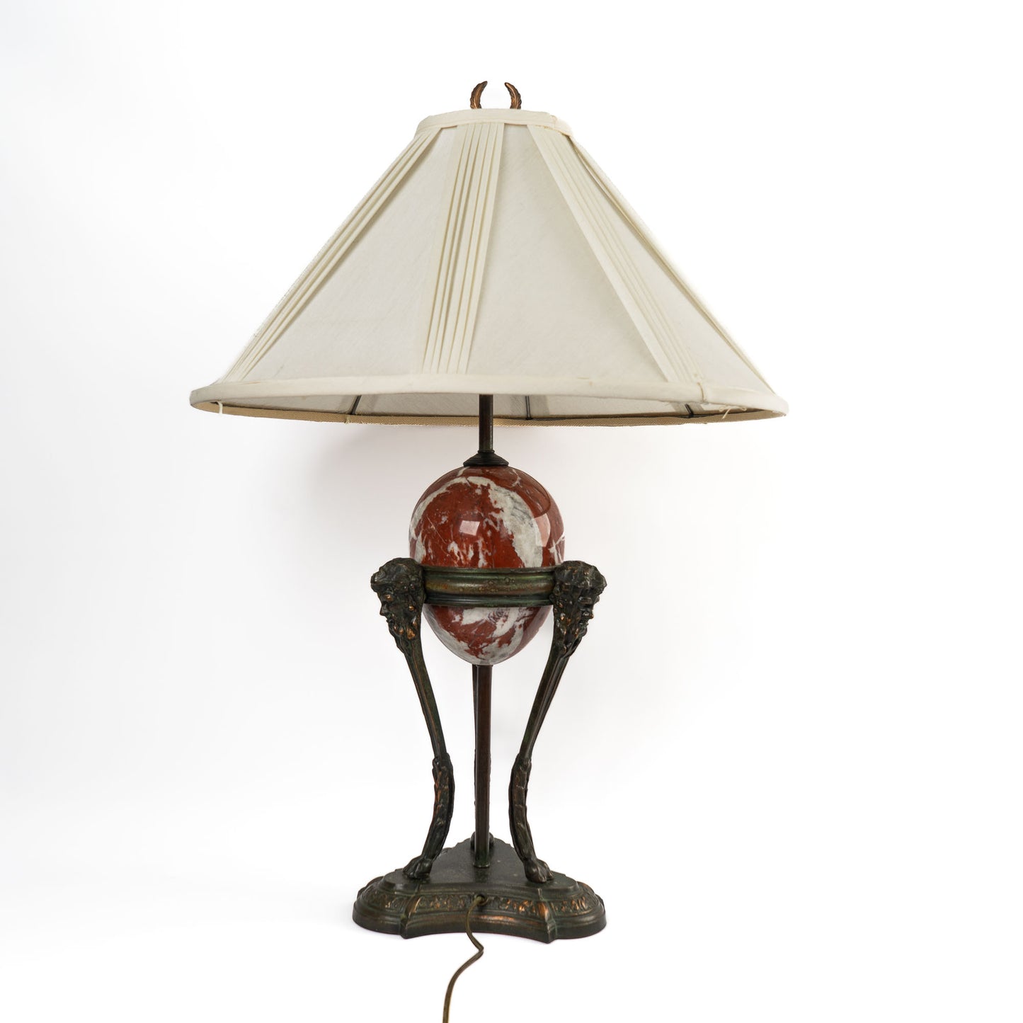 Vintage neoclassical athénienne table lamp with red Italian marble egg orb on dark bronze tripod base and ivory pleated shade