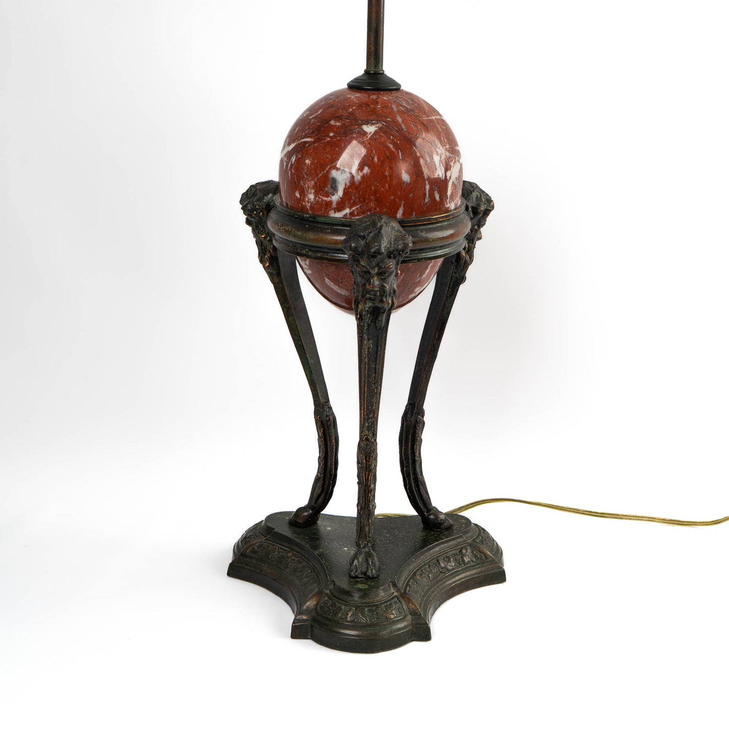 Vintage neoclassical athénienne table lamp with red Italian marble egg orb on dark bronze tripod base 