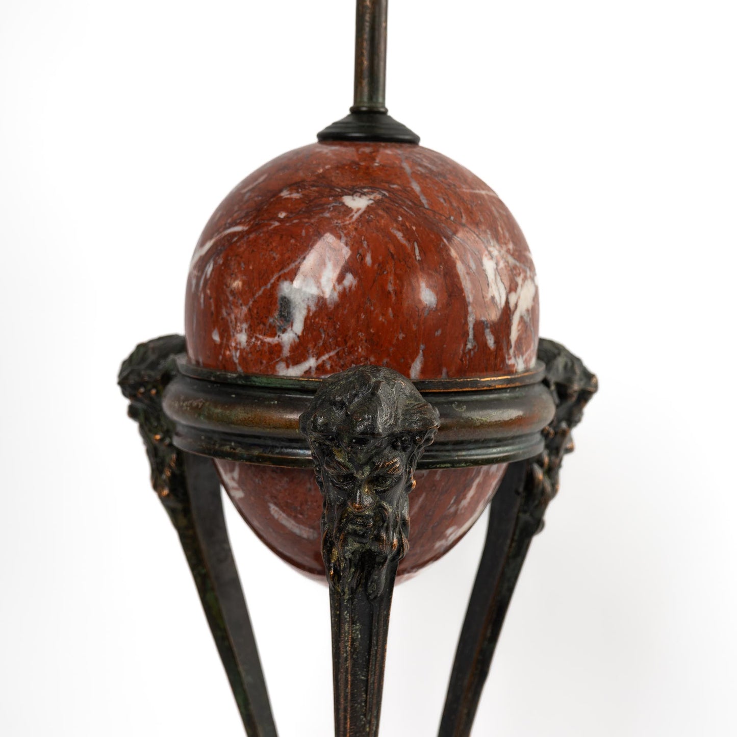 Vintage neoclassical athénienne table lamp with red Italian marble egg orb on dark bronze tripod base