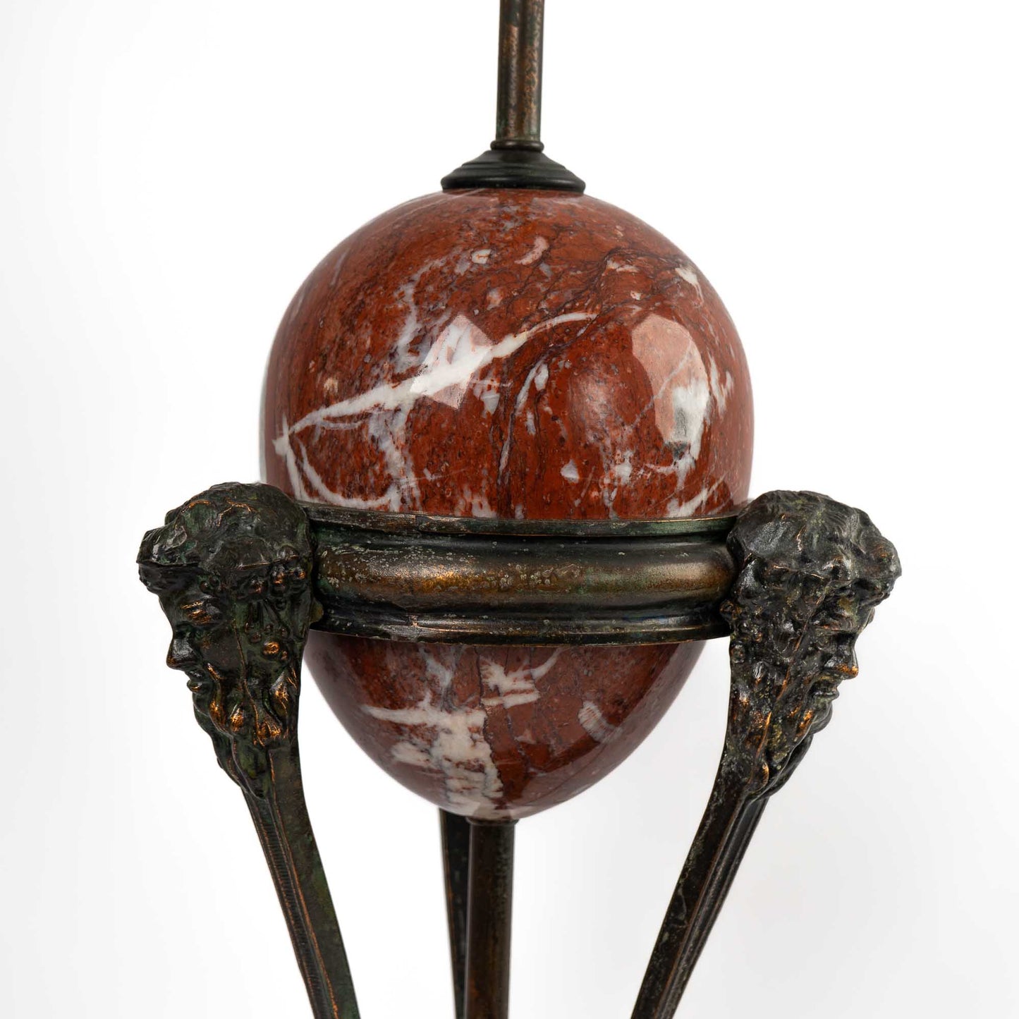 Vintage neoclassical athénienne table lamp with red Italian marble egg orb on dark bronze tripod base