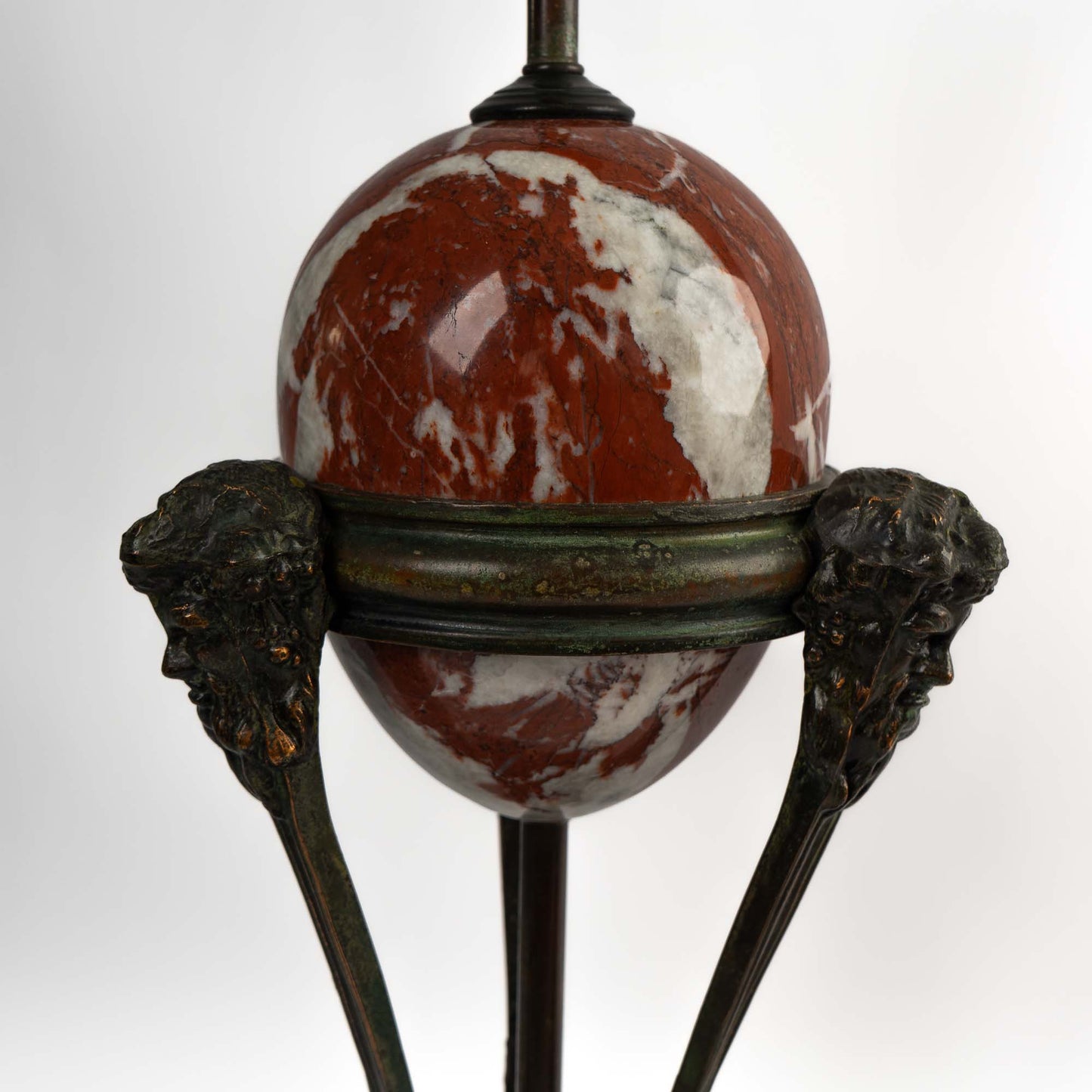 Vintage neoclassical athénienne table lamp with red Italian marble egg orb on dark bronze tripod base 