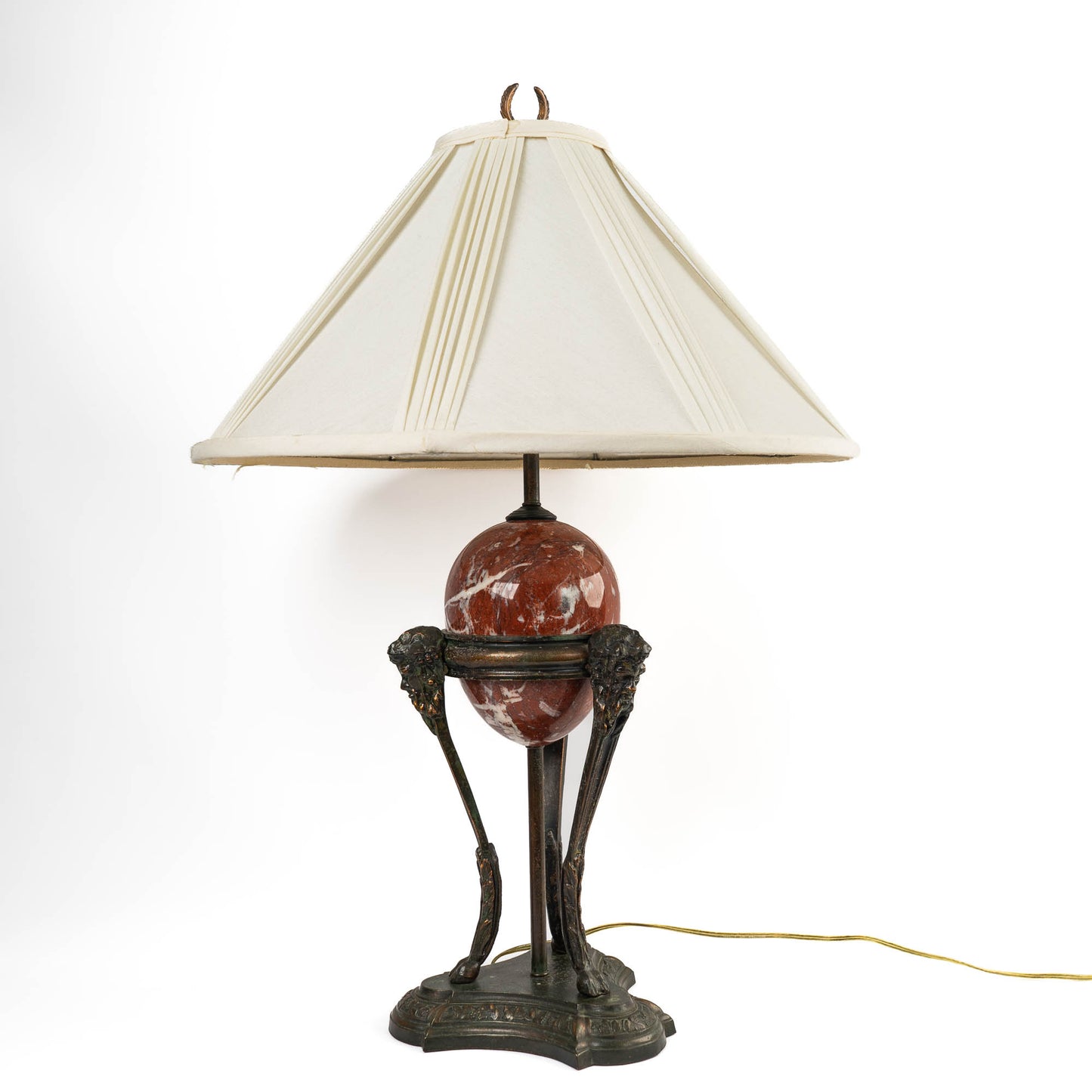  Vintage neoclassical athénienne table lamp with red Italian marble egg orb on dark bronze tripod base and ivory pleated shade, side view.