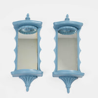 Vintage light blue pagoda-shaped wall shelves with mirrors, set of two, chinoiserie style from 1950s-60s