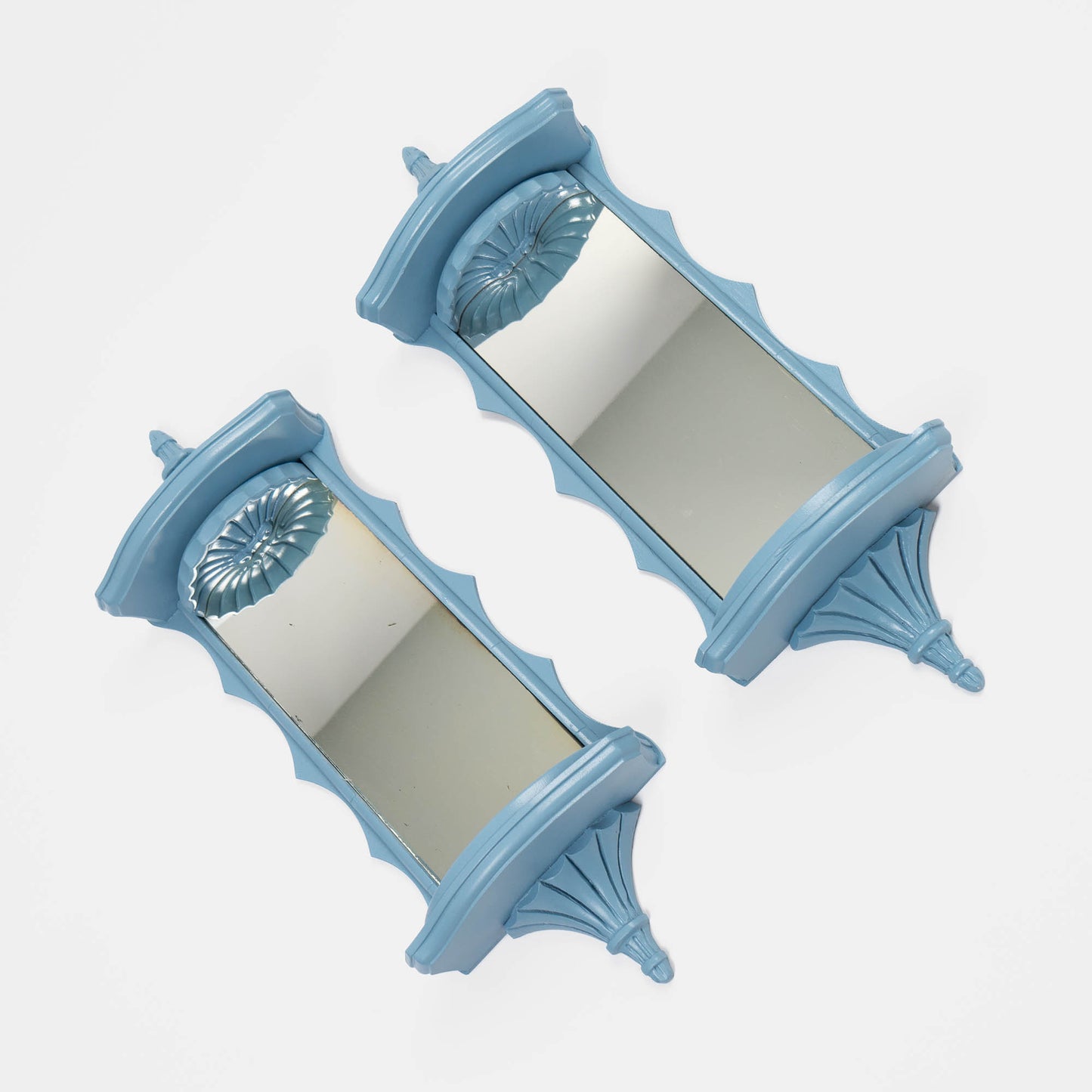 Vintage light blue pagoda-shaped wall shelves with mirrors, set of two, chinoiserie style from 1950s-60s