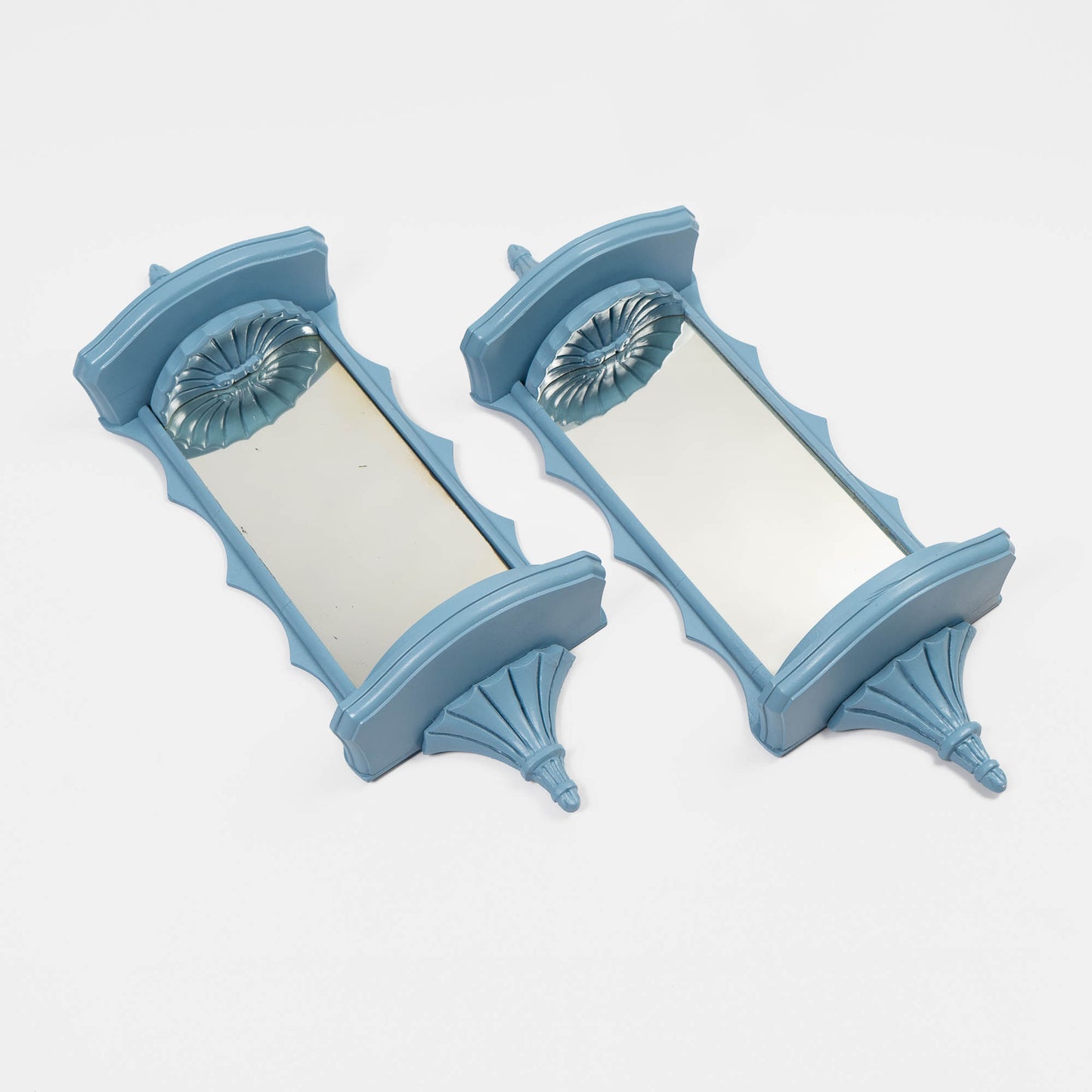 Vintage light blue pagoda-shaped wall shelves with mirrors, set of two, chinoiserie style from 1950s-60s
