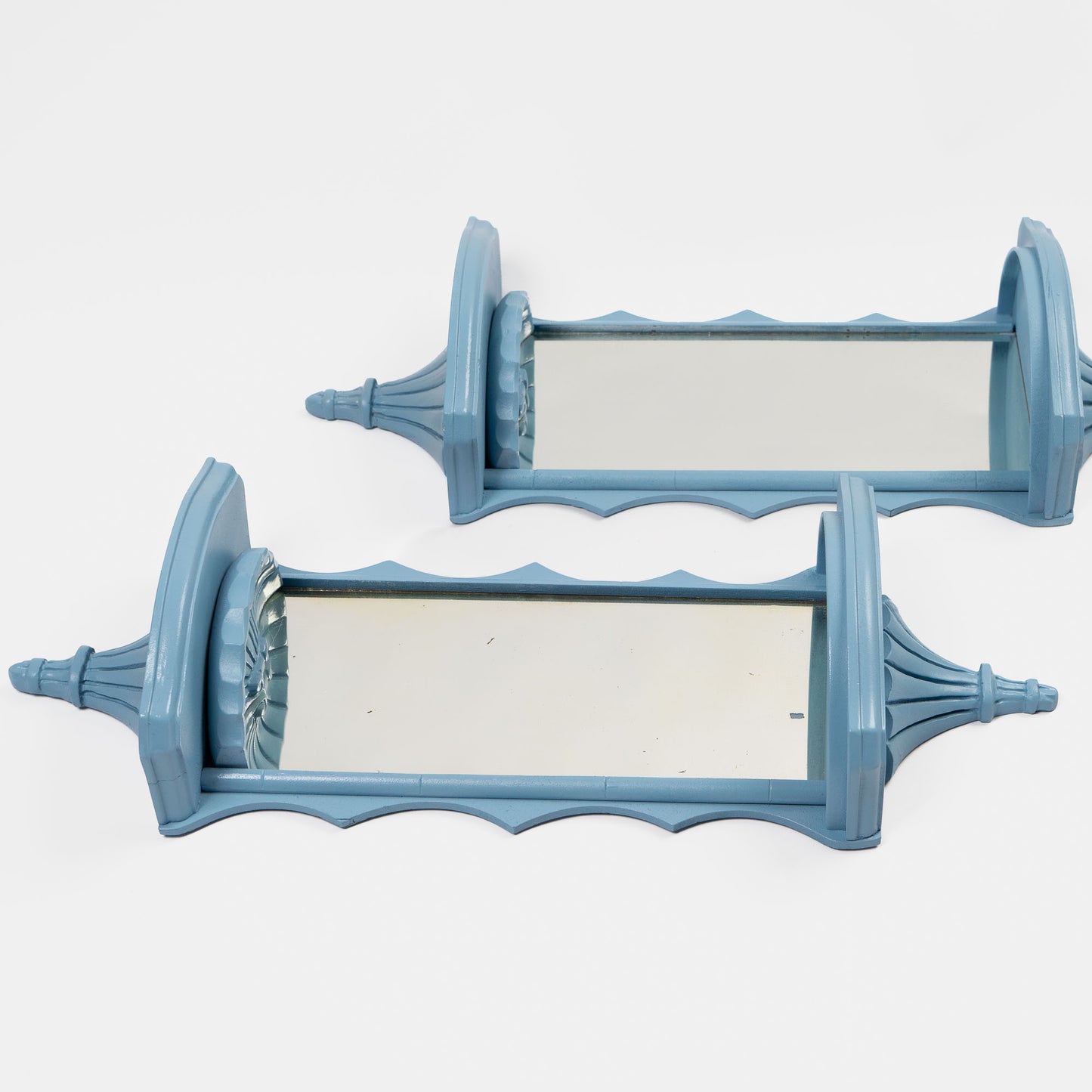 Vintage light blue pagoda-shaped wall shelves with mirrors, set of two, chinoiserie style from 1950s-60s