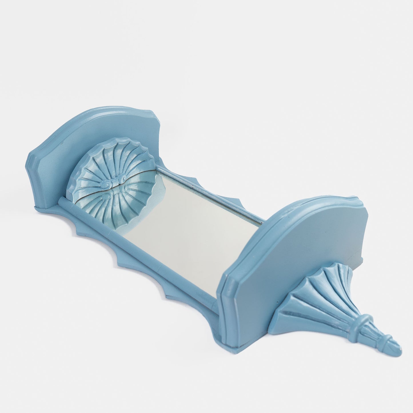 Vintage light blue pagoda-shaped wall shelves with mirror 