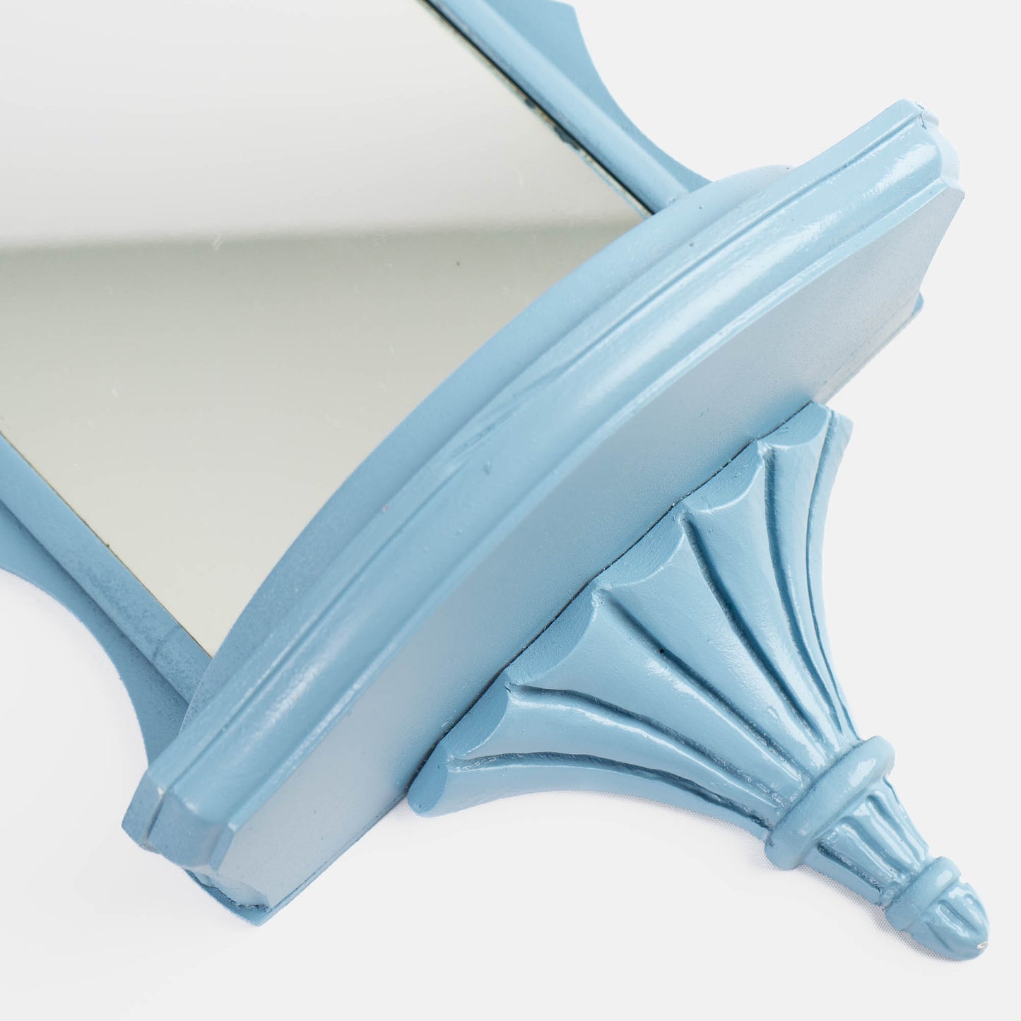 Vintage light blue pagoda-shaped wall shelves with mirrors