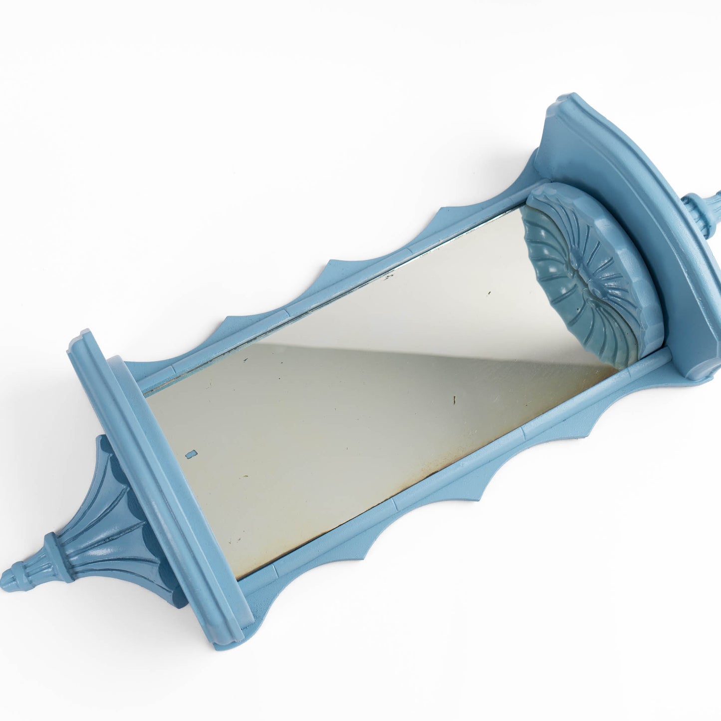 Vintage light blue pagoda-shaped wall shelves with mirror