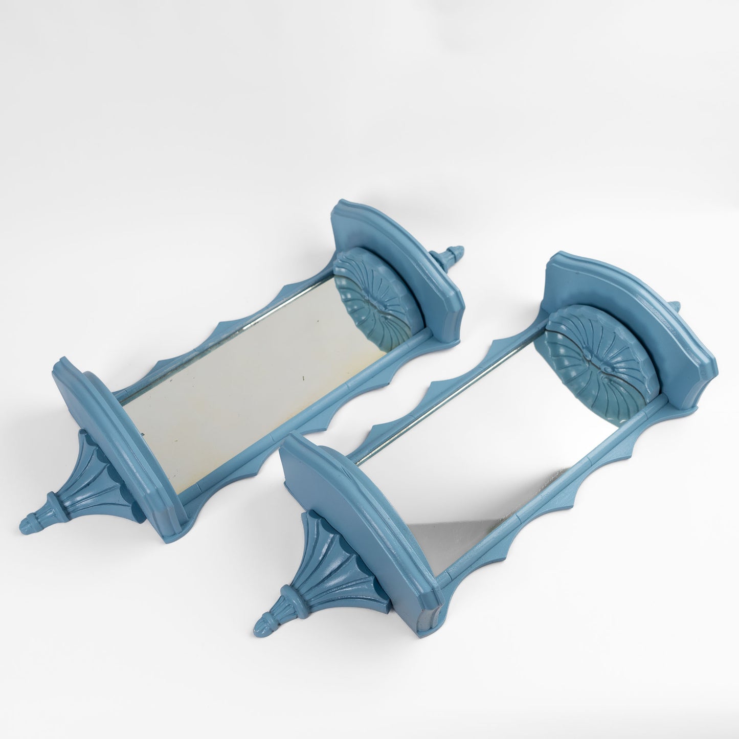 Vintage light blue pagoda-shaped wall shelves with mirrors, set of two, chinoiserie style from 1950s-60s
