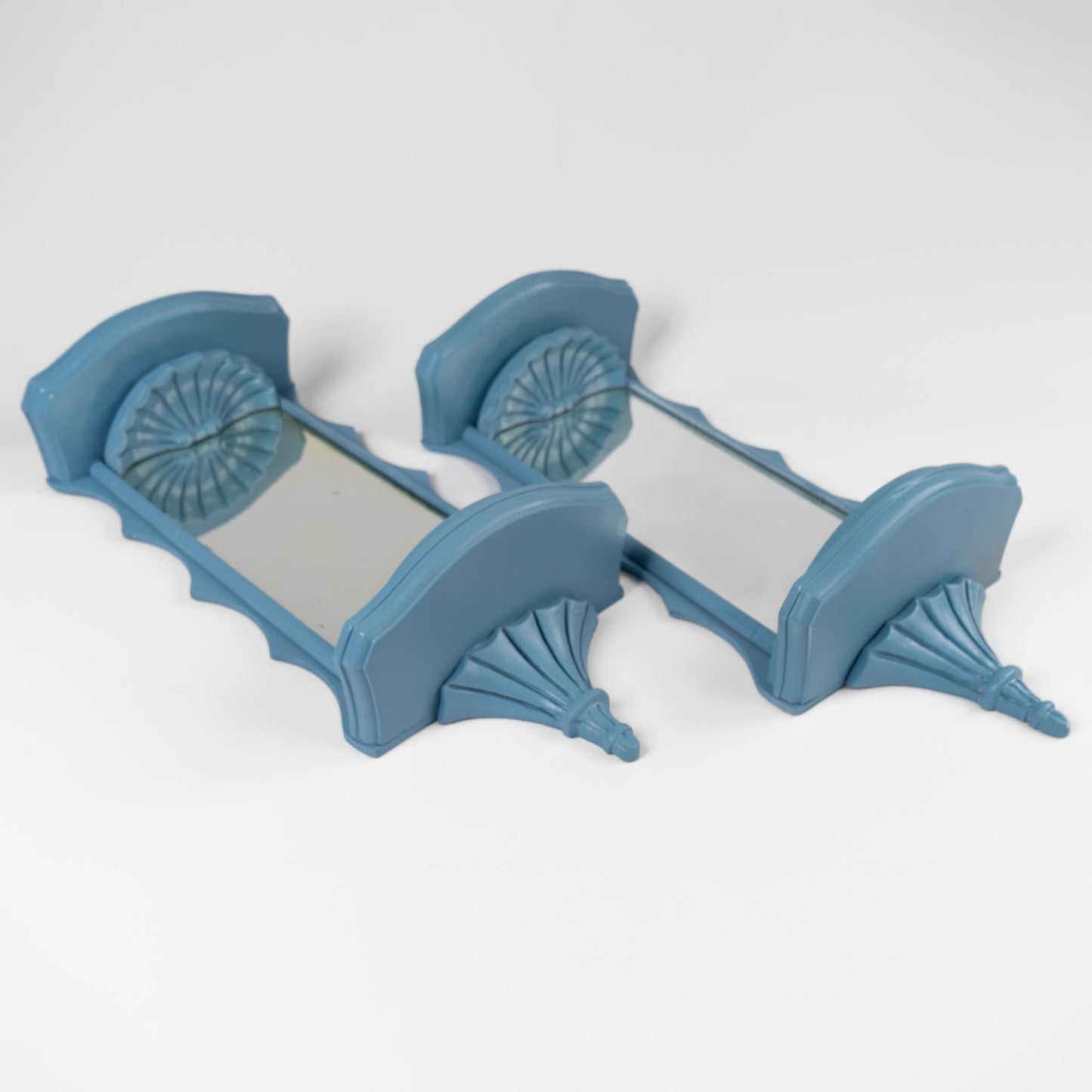 Vintage light blue pagoda-shaped wall shelves with mirrors, set of two, chinoiserie style from 1950s-60s