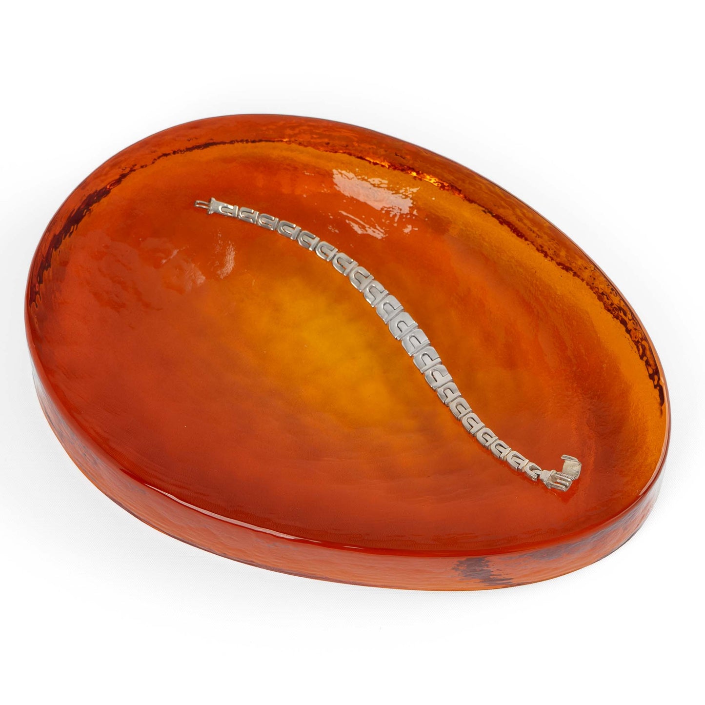 Vintage amber Murano glass freeform Vide Poche catchall bowl by Vincenzo Nason from the 1970s, featuring organic curved shape and textured glass surface with artist signature
