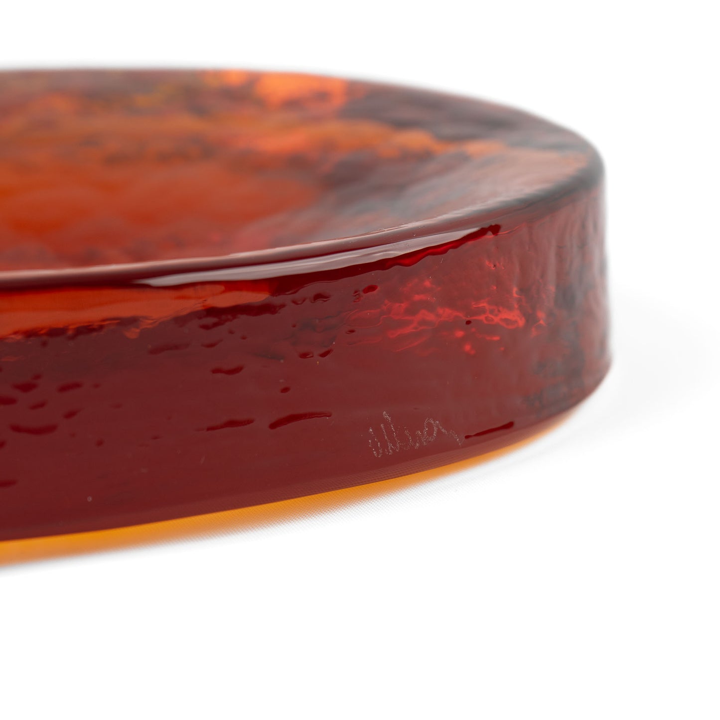 Vintage amber Murano glass freeform catchall bowl by Italian glassmaker Vincenzo Nason showing artist signature