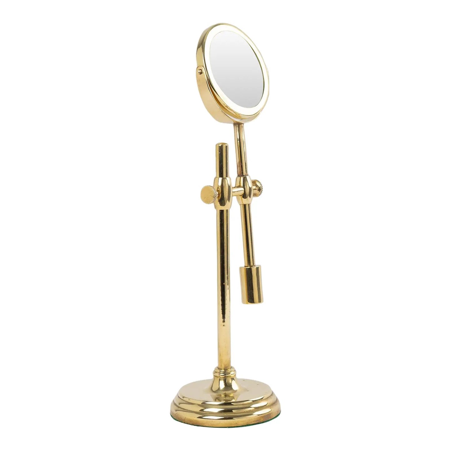 Vintage brass magnifying glass with adjustable stand by Sarreid, featuring brass finish and clear magnifying lens, marked Made in Korea