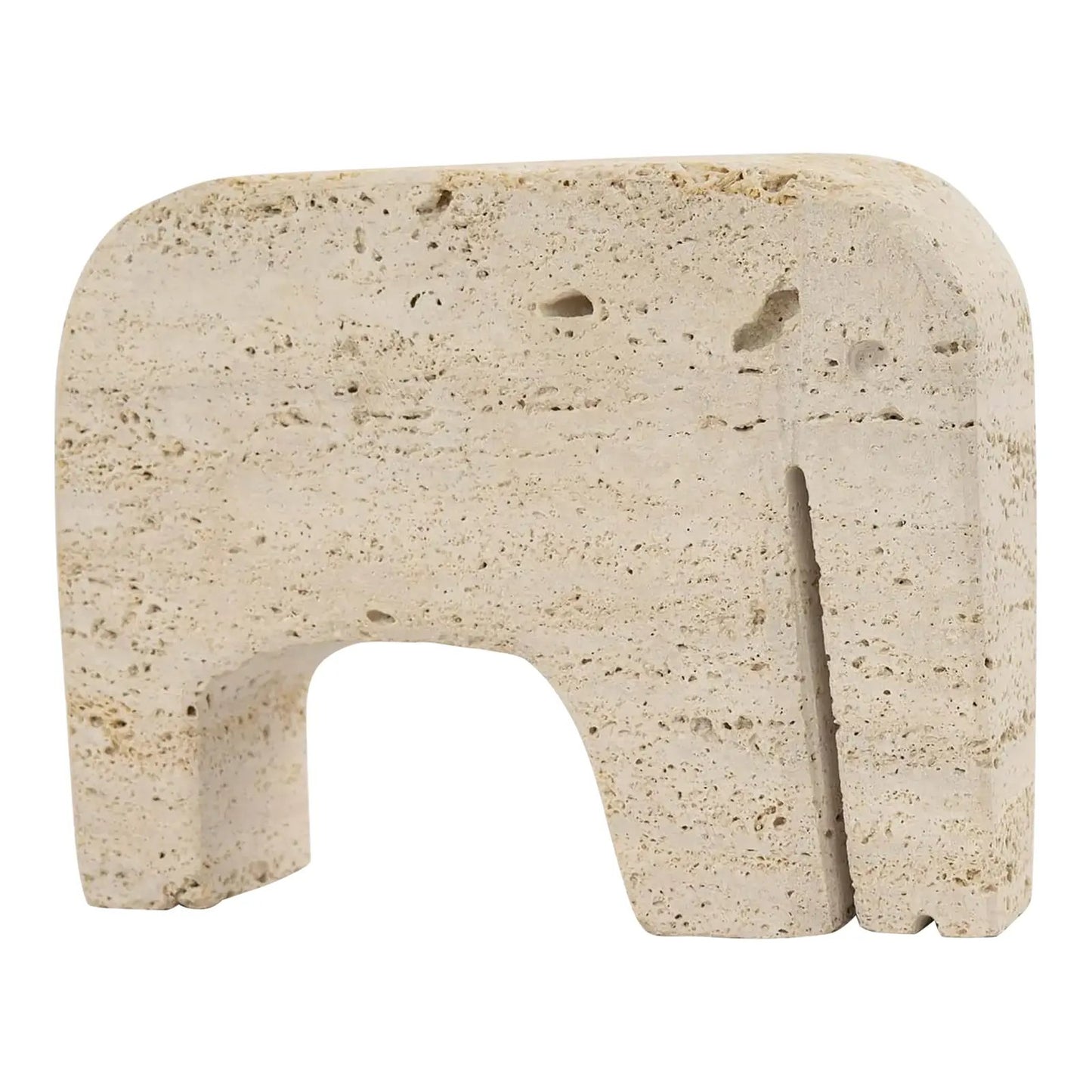 Vintage brutalist travertine elephant sculpture in warm beige stone, showing geometric angular carved details, attributed to Enzo Mari for Fratelli Manelli