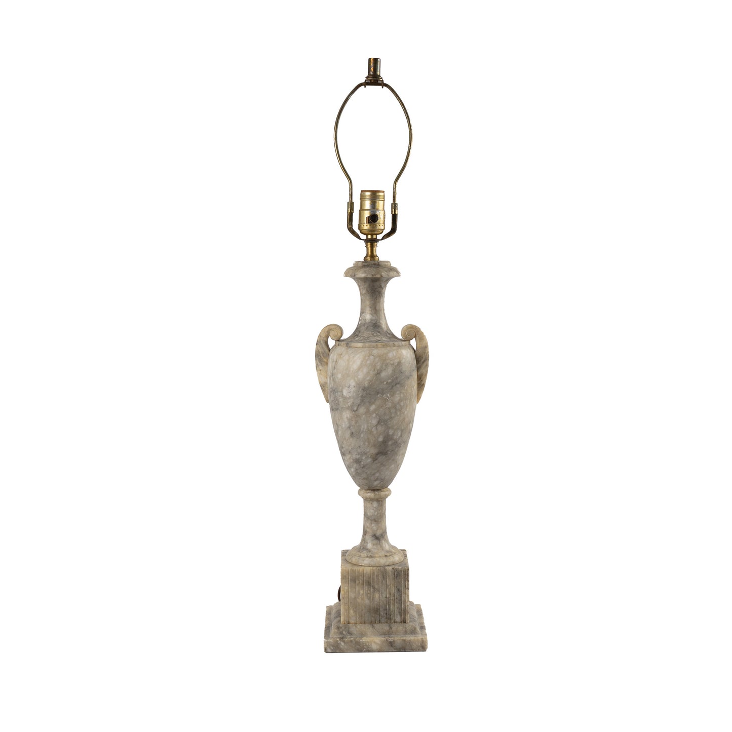 Vintage 1950s neoclassical marble table lamp with urn shape, side handles, and tiered square base 