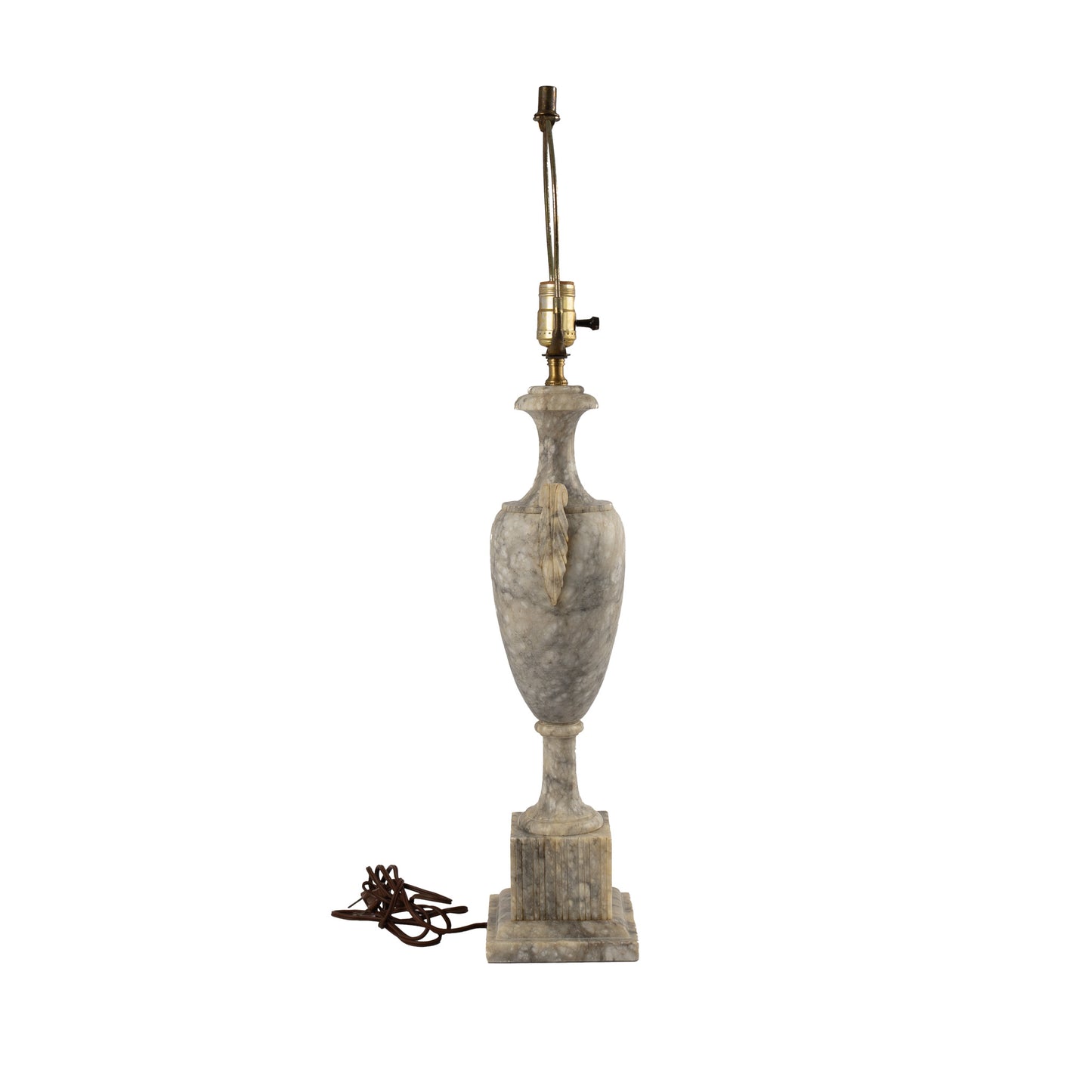Vintage 1950s neoclassical marble table lamp with urn shape, side handles, and tiered square base 