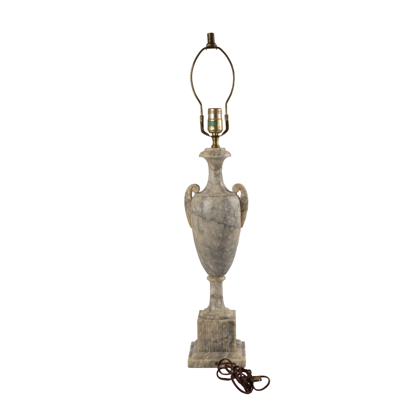 Vintage 1950s neoclassical marble table lamp with urn shape, side handles, and tiered square base 
