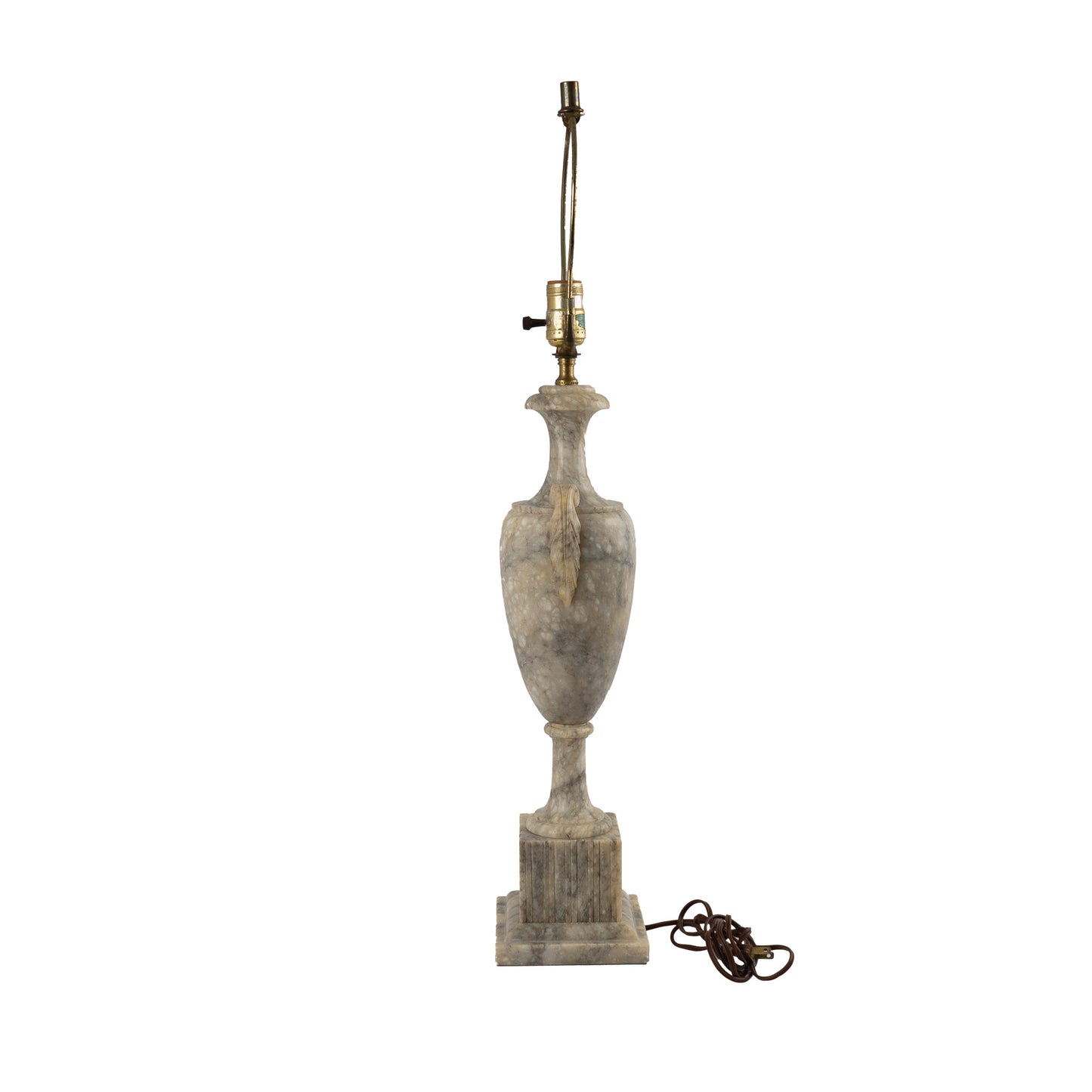 Vintage 1950s neoclassical marble table lamp with urn shape, side handles, and tiered square base 