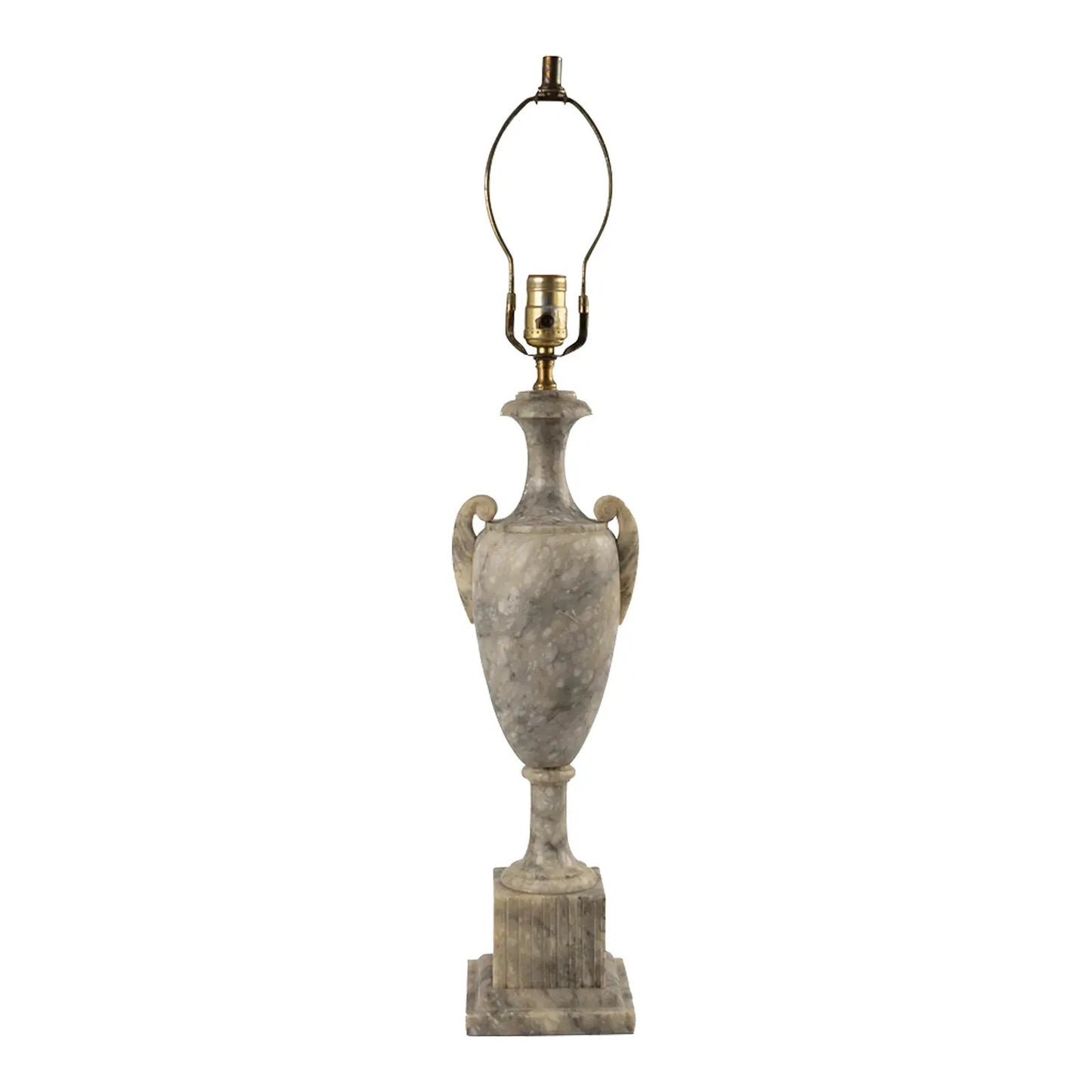 Vintage 1950s neoclassical marble table lamp with urn shape, side handles, and tiered square base 