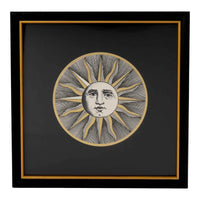 Vintage Piero Fornasetti Sole VI framed etching showing stylized sun face design in black frame with gold accent and black mat, from the famous Soli e Lune series