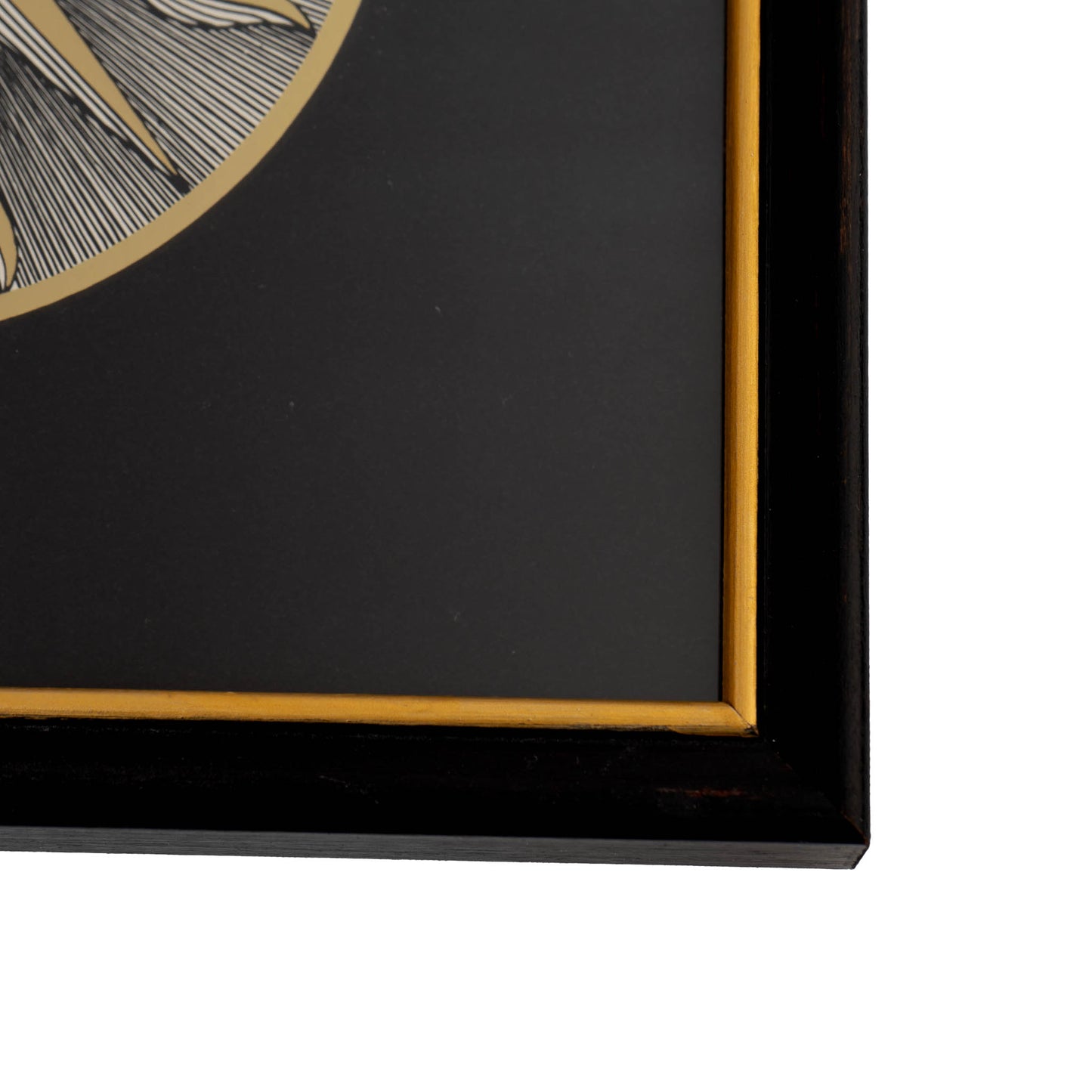 Vintage Piero Fornasetti Sole VI framed etching in black frame with gold accent and black mat, from the famous Soli e Lune series