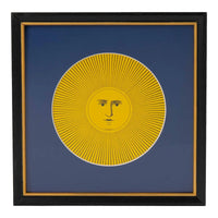 Vintage Piero Fornasetti Sol XI sun print featuring intricate black line art on white paper, displayed in black frame with gold accent and blue mat