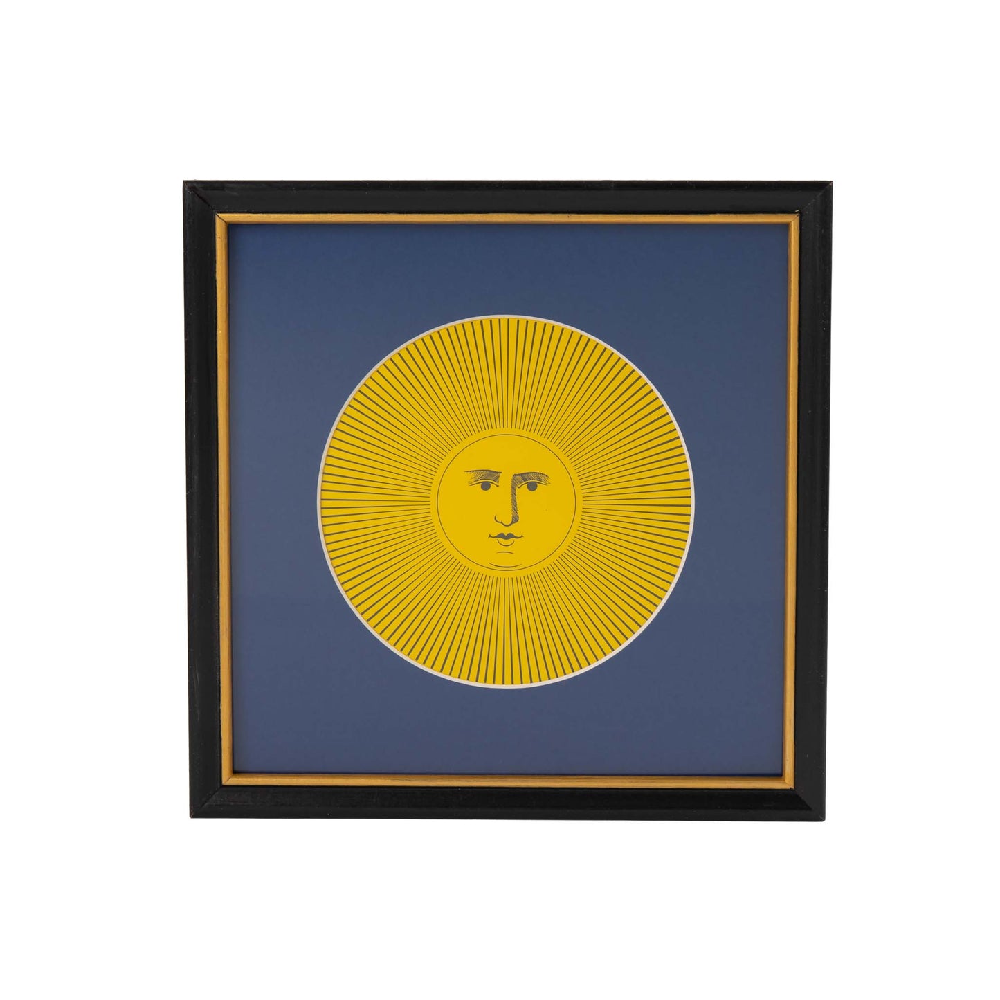 Vintage Piero Fornasetti Sol XI yellow sun print featuring intricate black line art on white paper, displayed in black frame with gold accent and blue mat