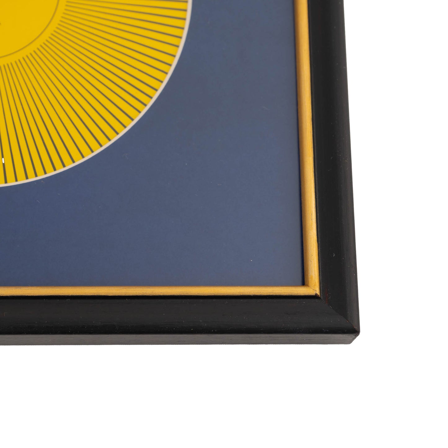 Vintage Piero Fornasetti Sol XI sun print featuring intricate black line art on white paper, displayed in black frame with gold accent and blue mat