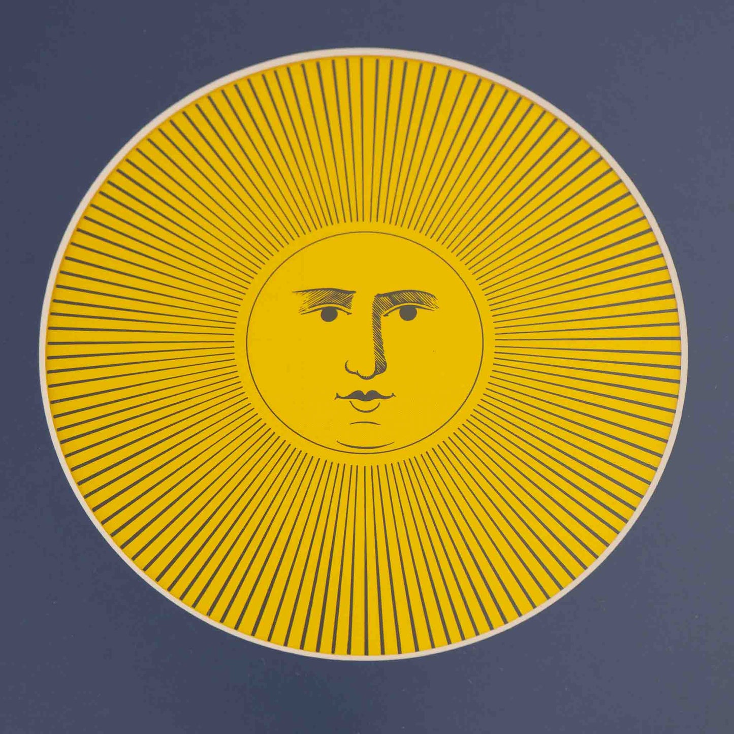 Vintage Piero Fornasetti Sol XI sun print featuring intricate black line art on white paper, displayed in black frame with gold accent and blue mat