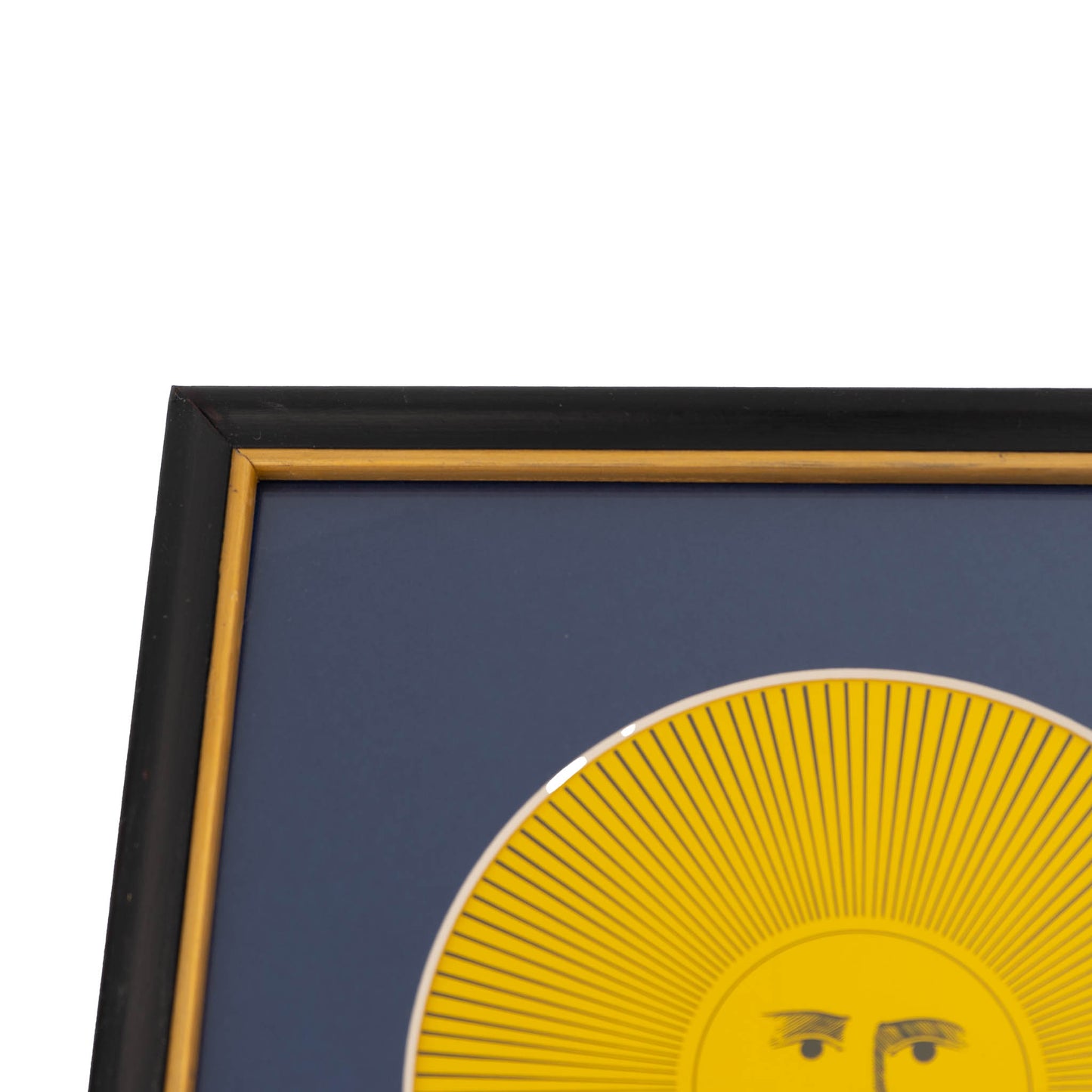 Vintage Piero Fornasetti Sol XI sun print featuring intricate black line art on white paper, displayed in black frame with gold accent and blue mat