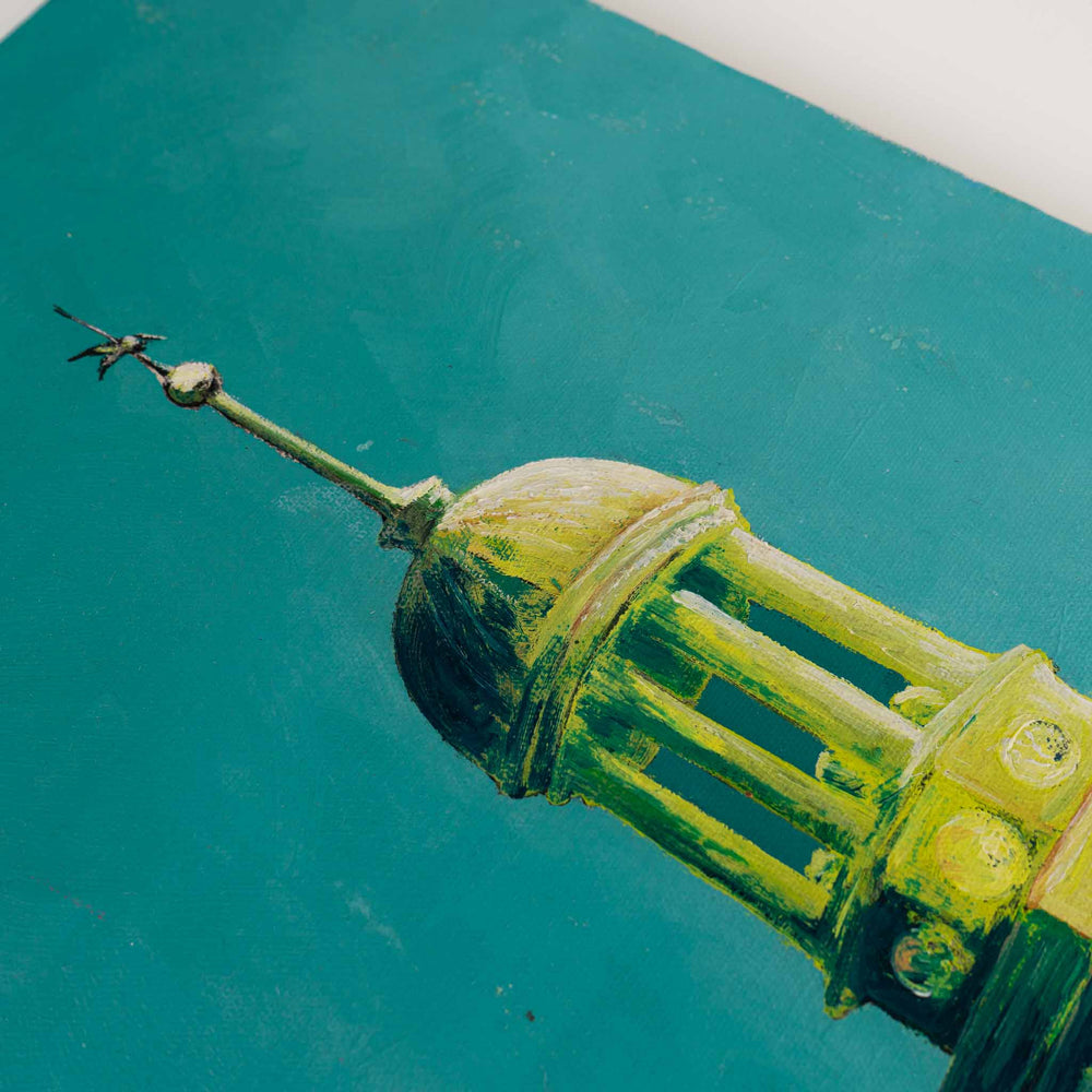 
                  
                    painting depicting the ornate cupola of the historic Central Moravian Church in Northampton County, Pennsylvania
                  
                