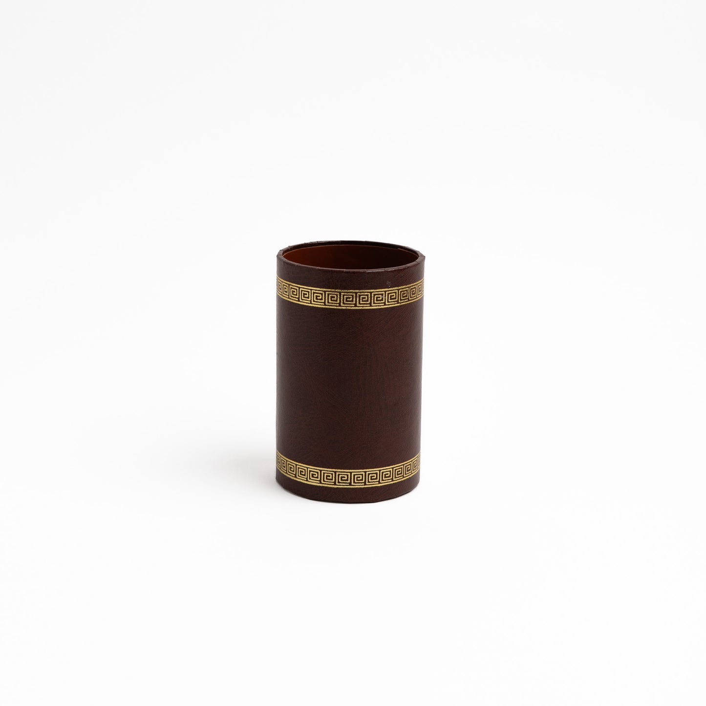 Vintage brown leather cup pen or pencil  holder with gold Greek key trim