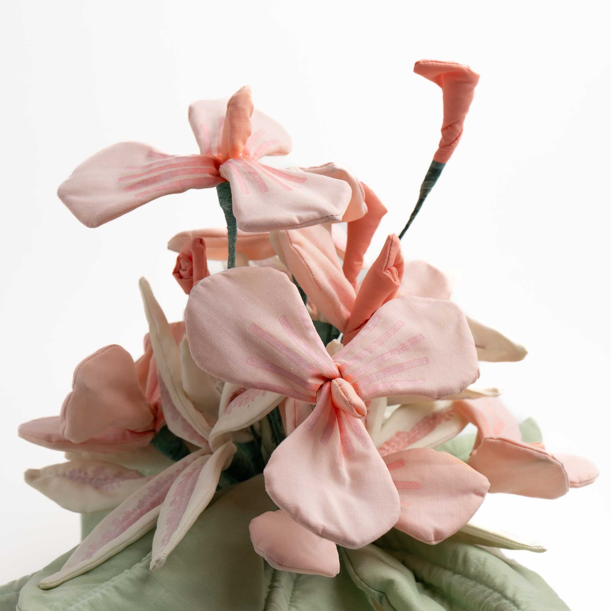 Vintage Fabric Flower Bouquet Arrangement Pink & Peach, 1980s