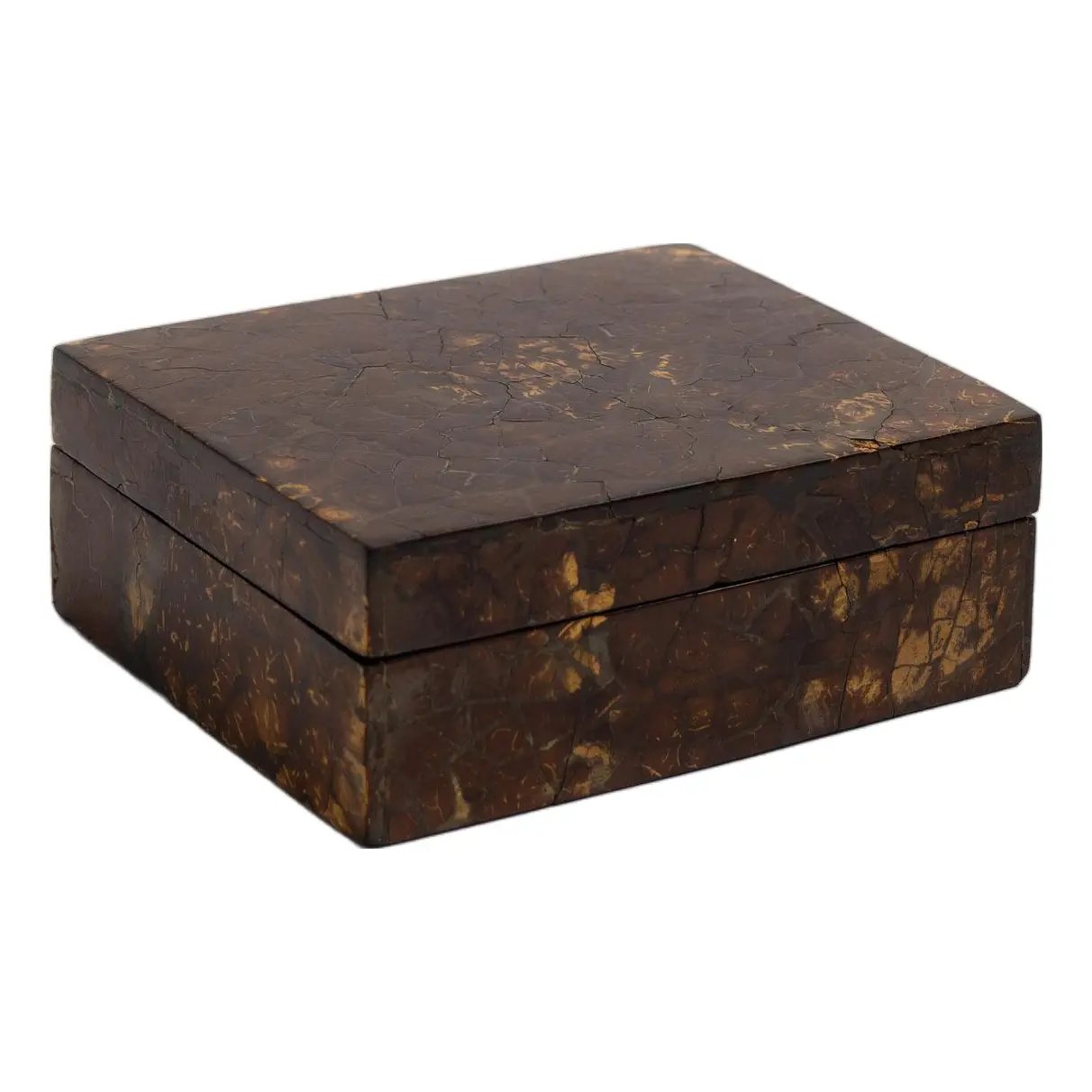 Vintage rectangular brown tessellated coconut shell lidded jewelry box 