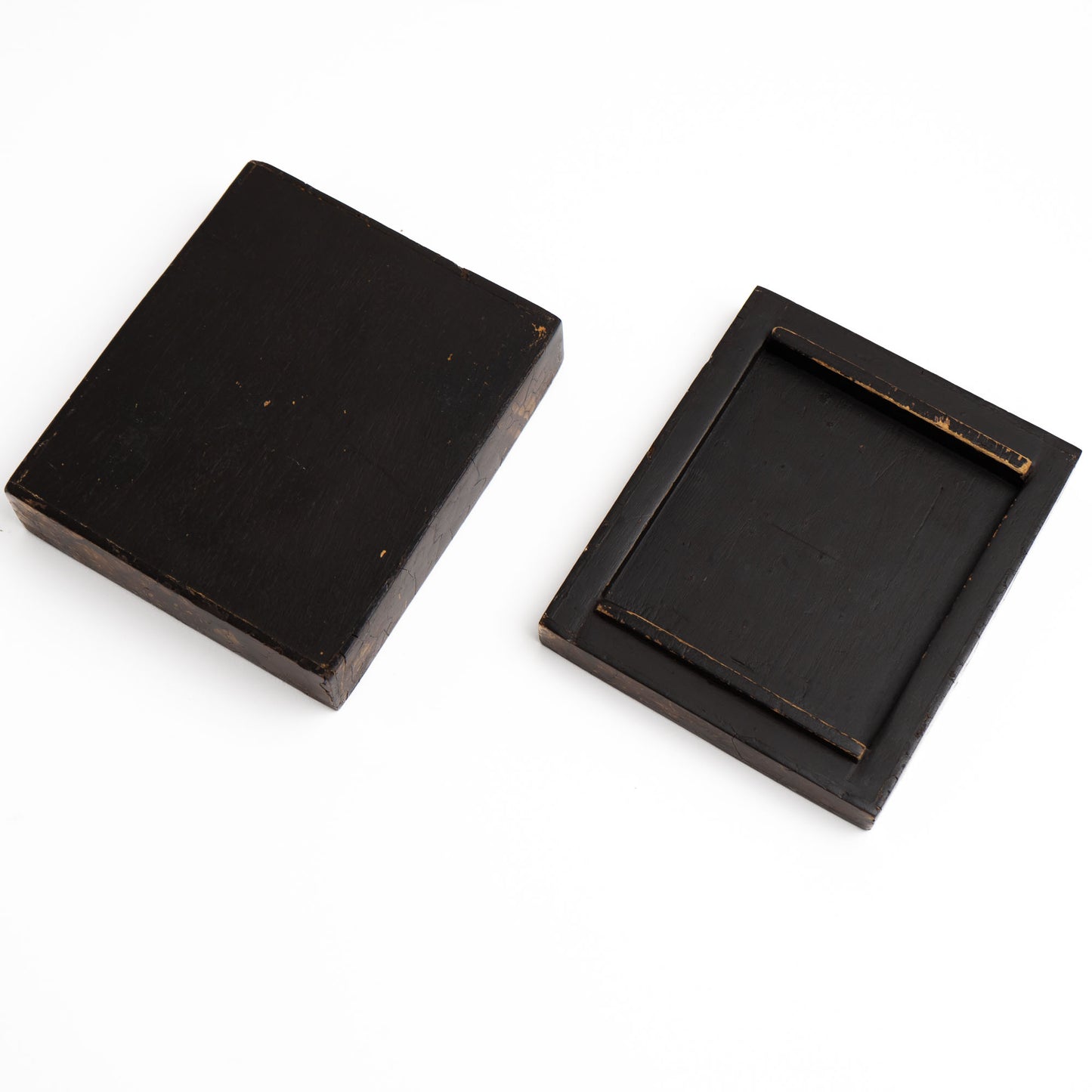 inside view of  rectangular brown tessellated coconut shell lidded jewelry box 