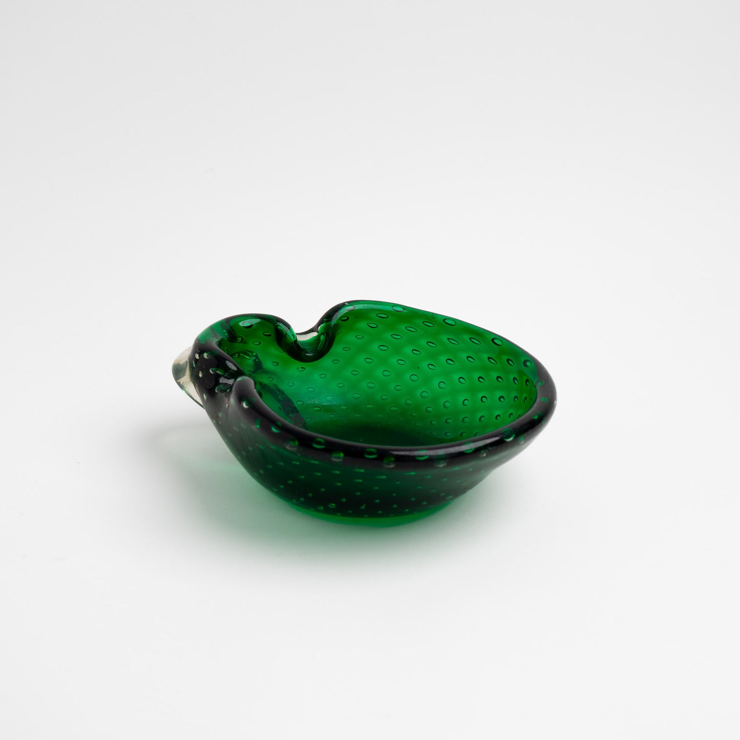 Vintage emerald green Murano glass bullicante catchall dish with controlled bubble pattern