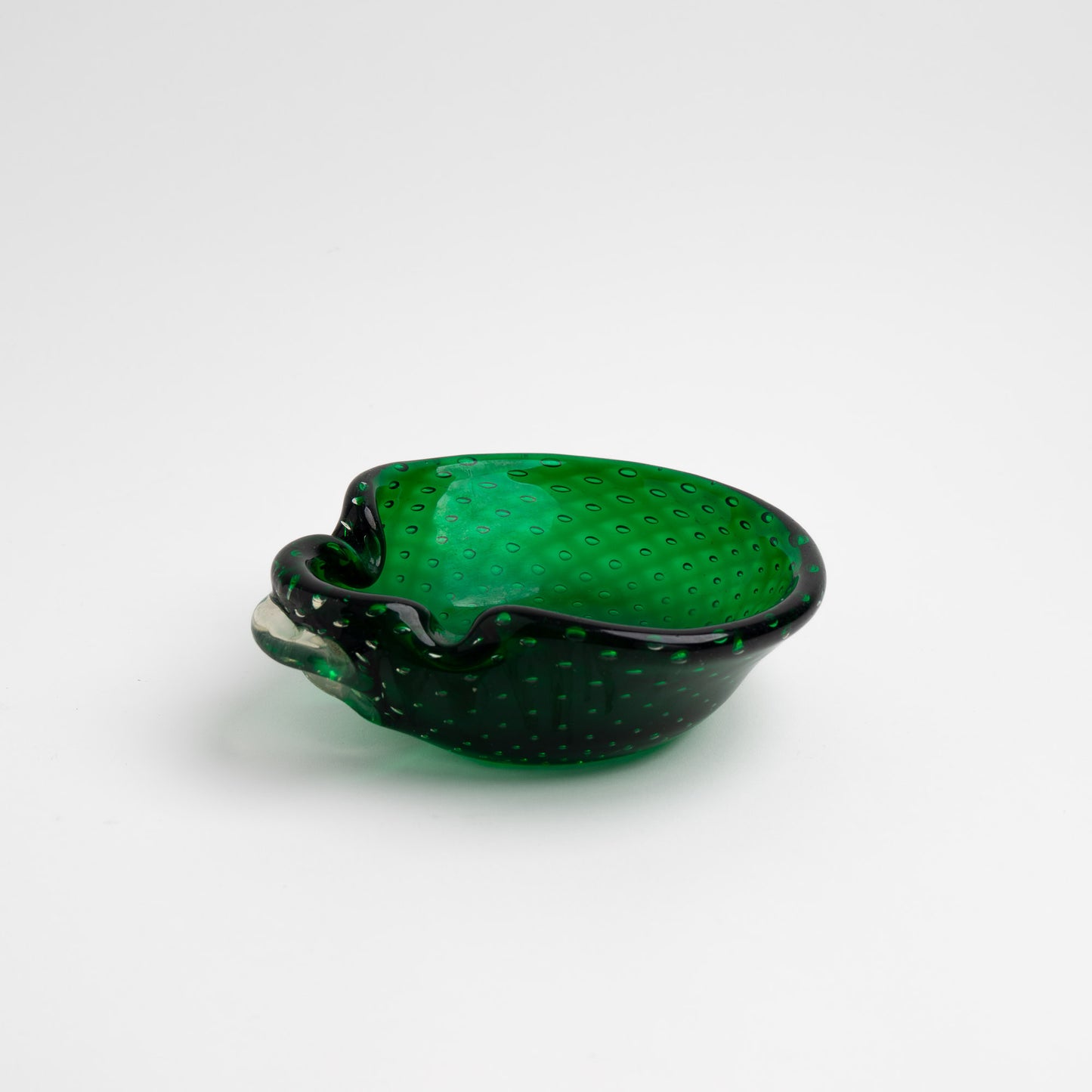 Vintage emerald green Murano glass bullicante catchall dish with controlled bubble pattern