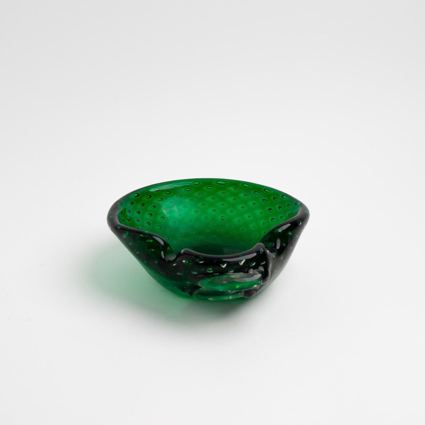 Vintage emerald green Murano glass bullicante catchall dish with controlled bubble pattern