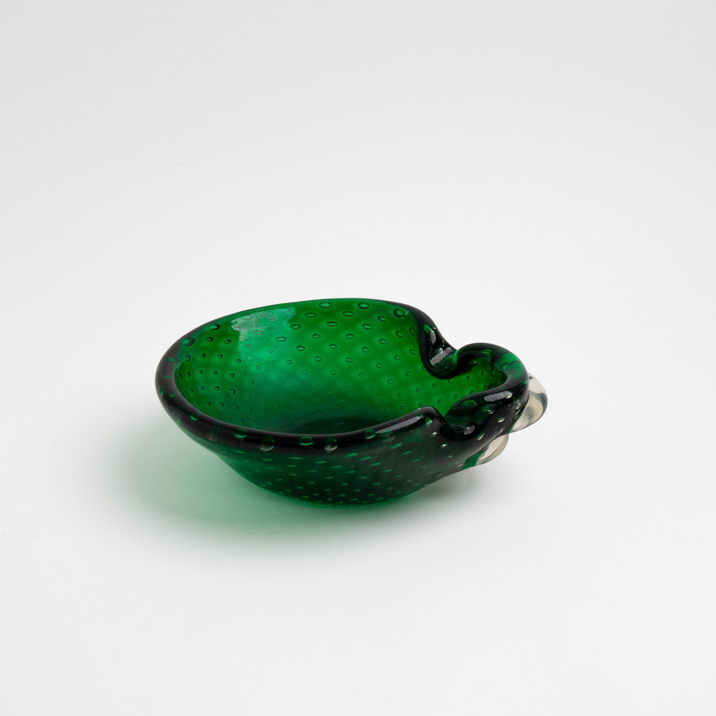 Vintage emerald green Murano glass bullicante catchall dish with controlled bubble pattern